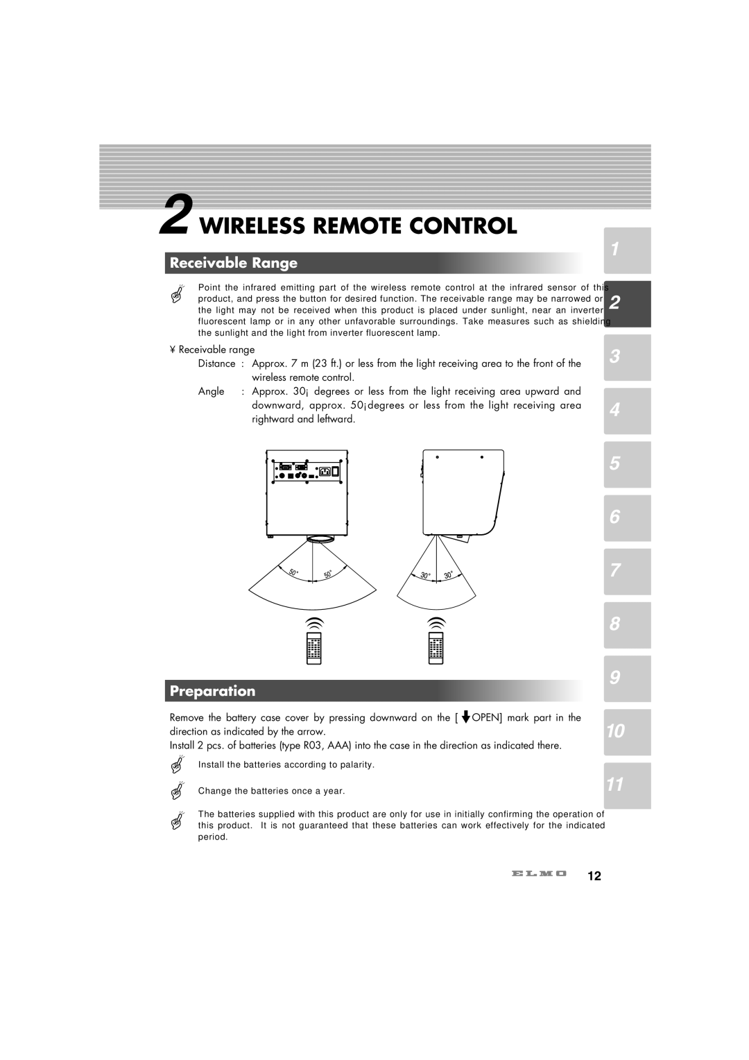 Elmo HV-C1000XG instruction manual Wireless Remote Control, Receivable Range, Preparation 