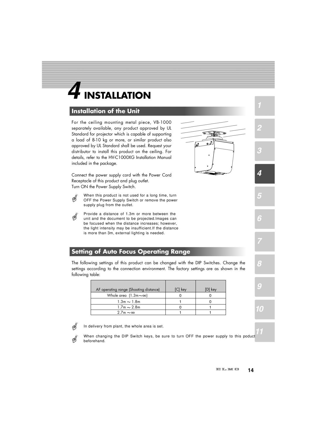 Elmo HV-C1000XG instruction manual Installation of the Unit, Setting of Auto Focus Operating Range 