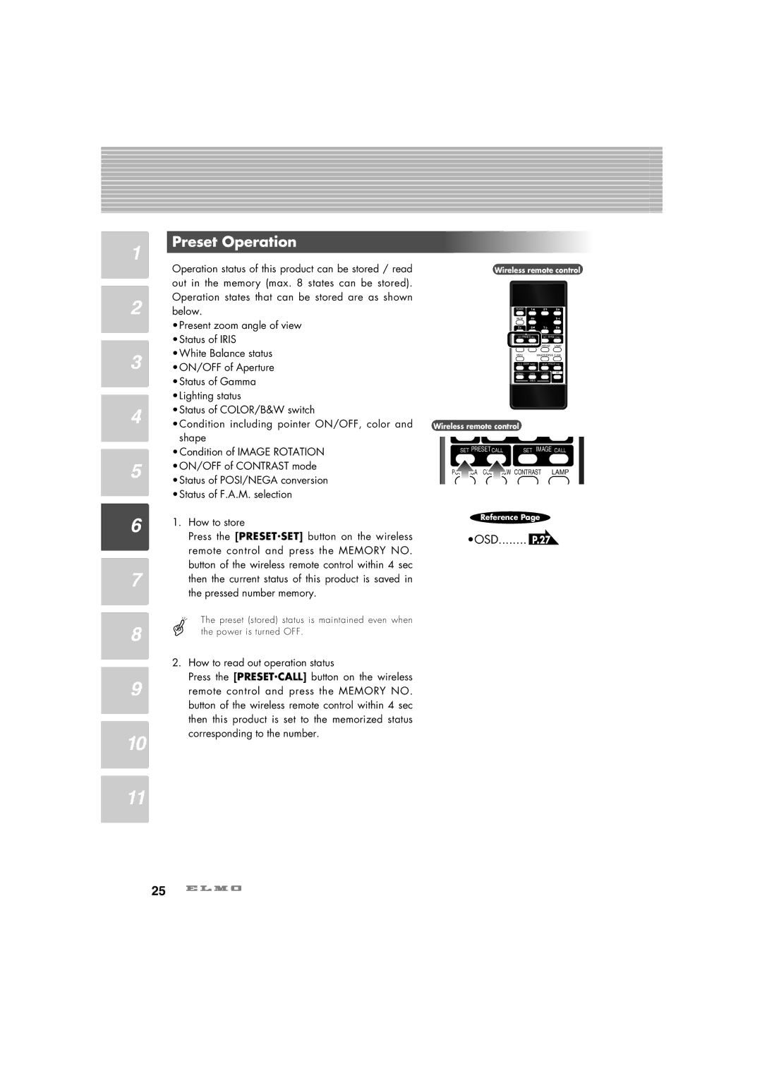 Elmo HV-C1000XG instruction manual Preset Operation 