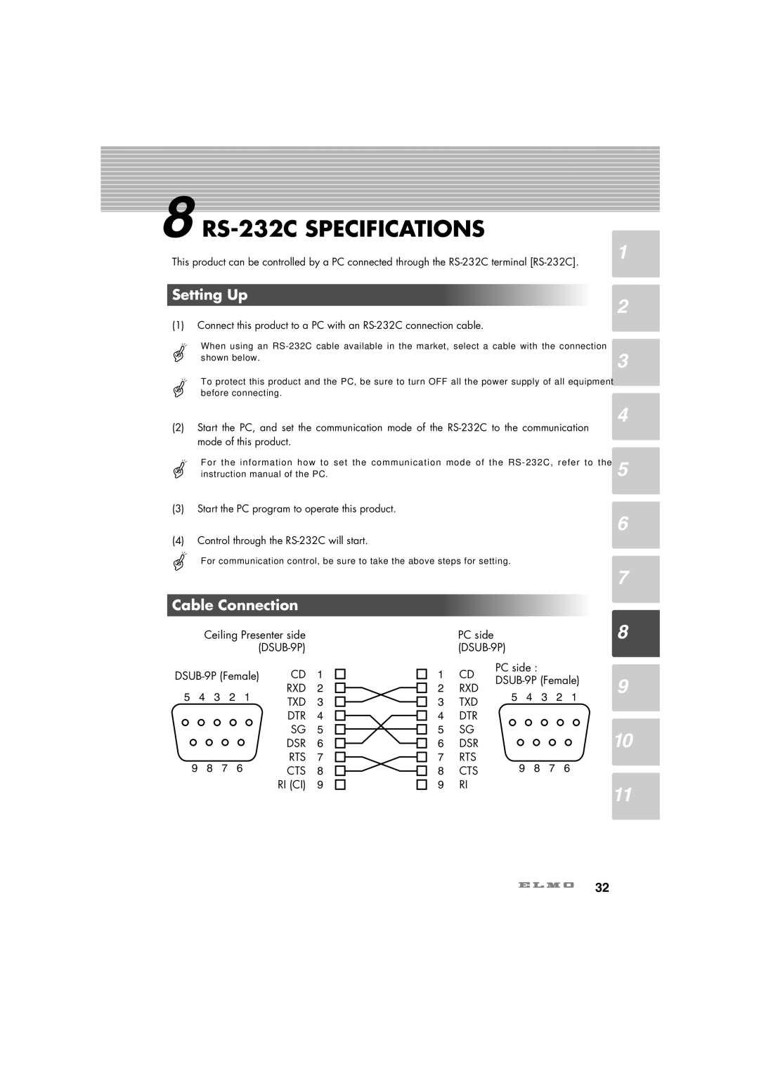 Elmo HV-C1000XG RS-232C Specifications, Setting Up, Cable Connection, Ceiling Presenter side DSUB-9P, PC side DSUB-9P 