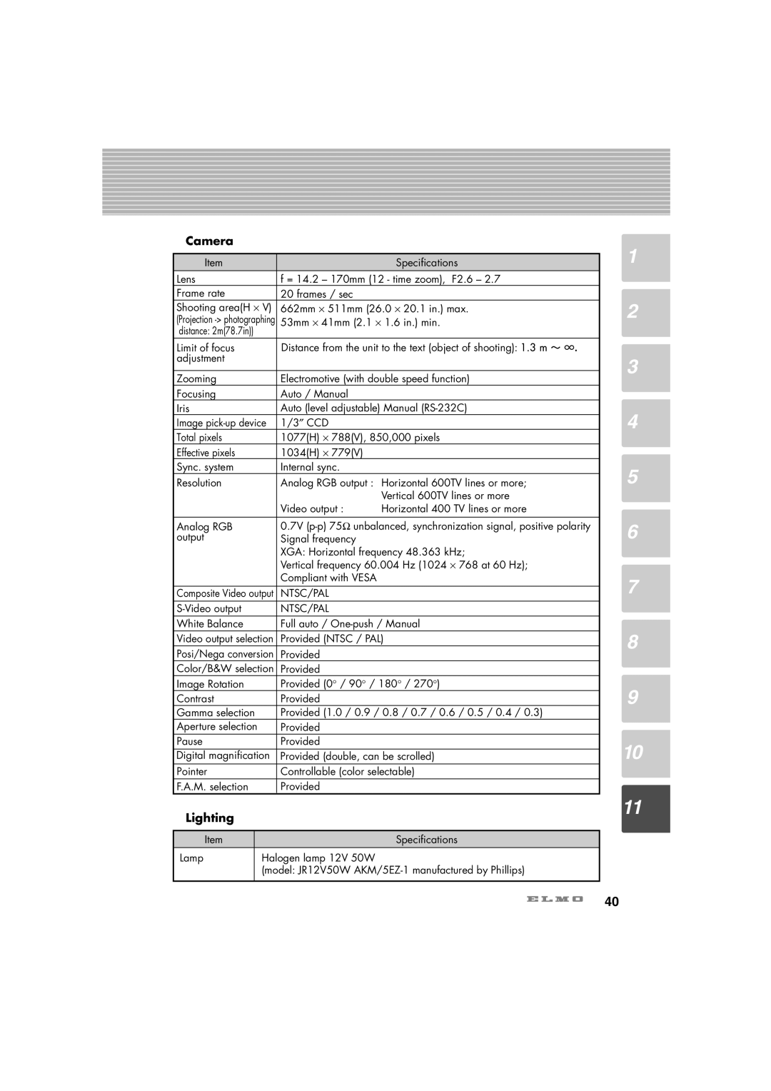 Elmo HV-C1000XG instruction manual Camera, Lighting 