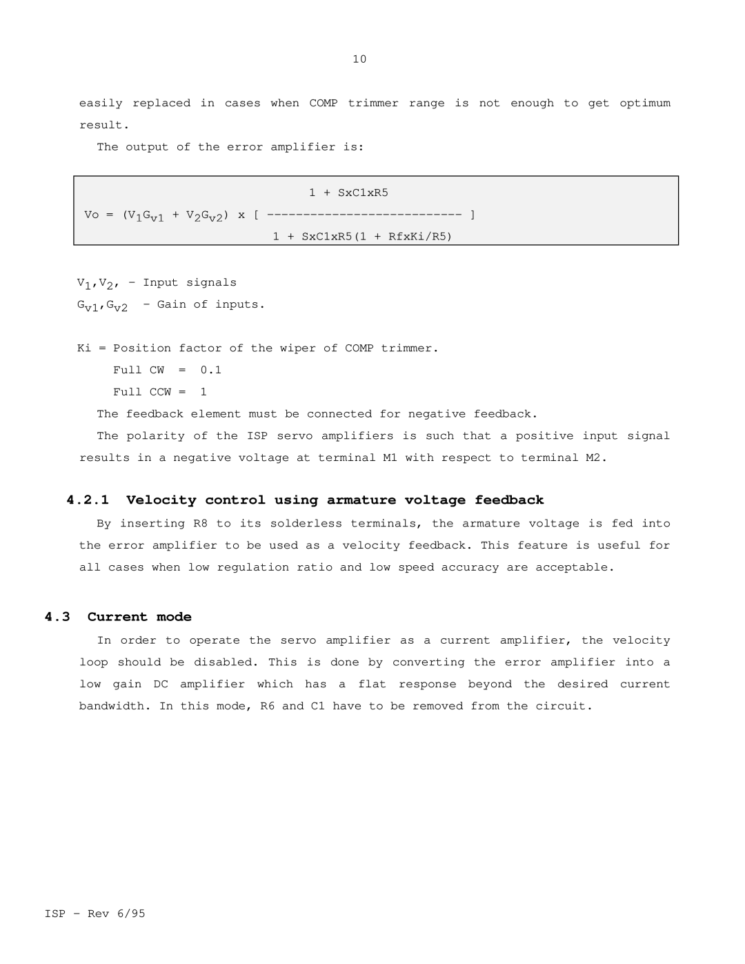 Elmo ISP manual Velocity control using armature voltage feedback, Current mode 