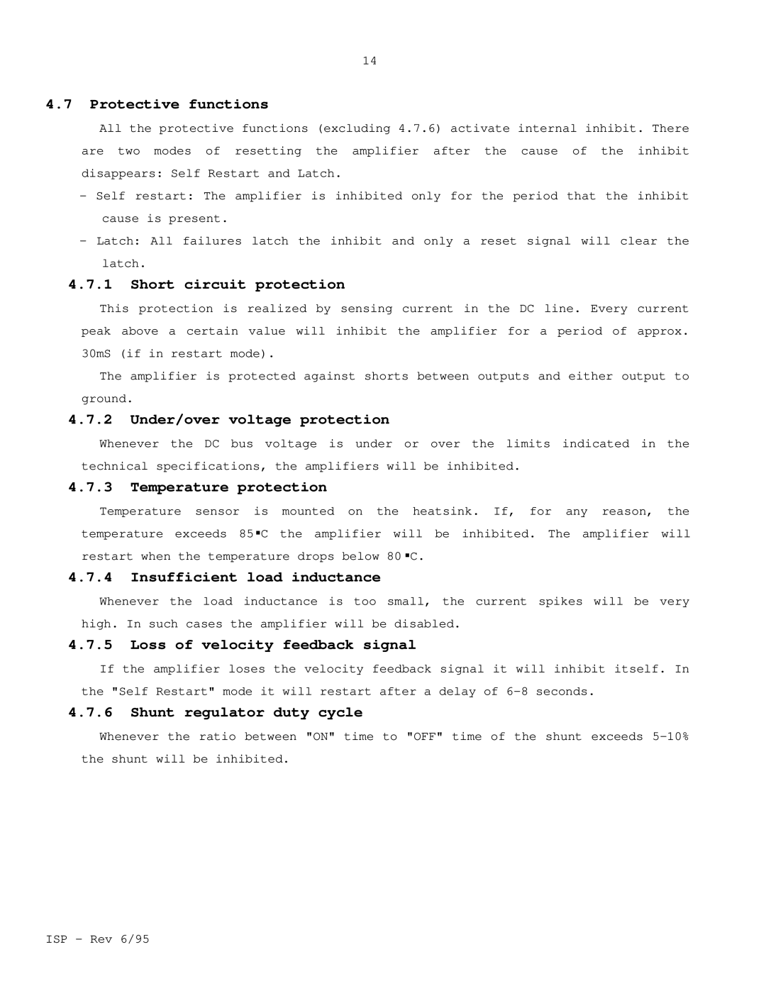 Elmo ISP manual Protective functions, Short circuit protection, Under/over voltage protection, Temperature protection 