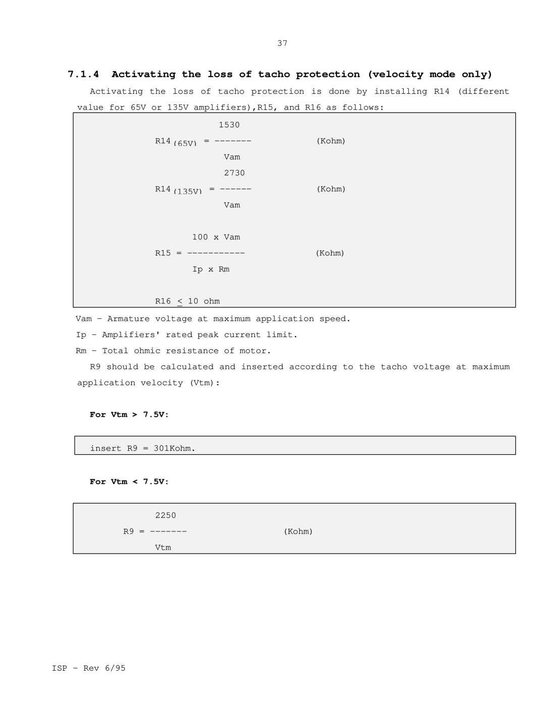 Elmo ISP manual Activating the loss of tacho protection velocity mode only, For Vtm 