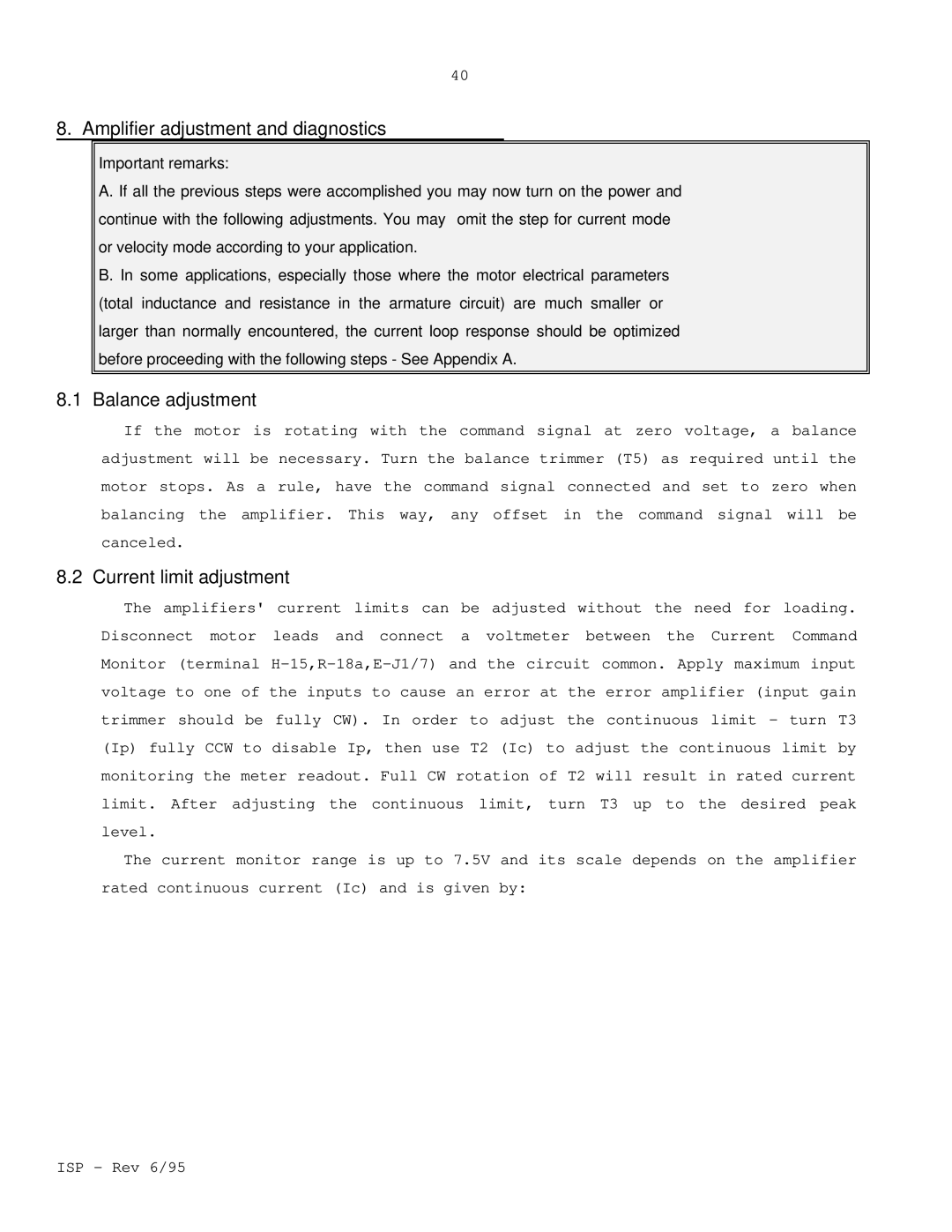 Elmo ISP manual Amplifier adjustment and diagnostics, Balance adjustment, Current limit adjustment 