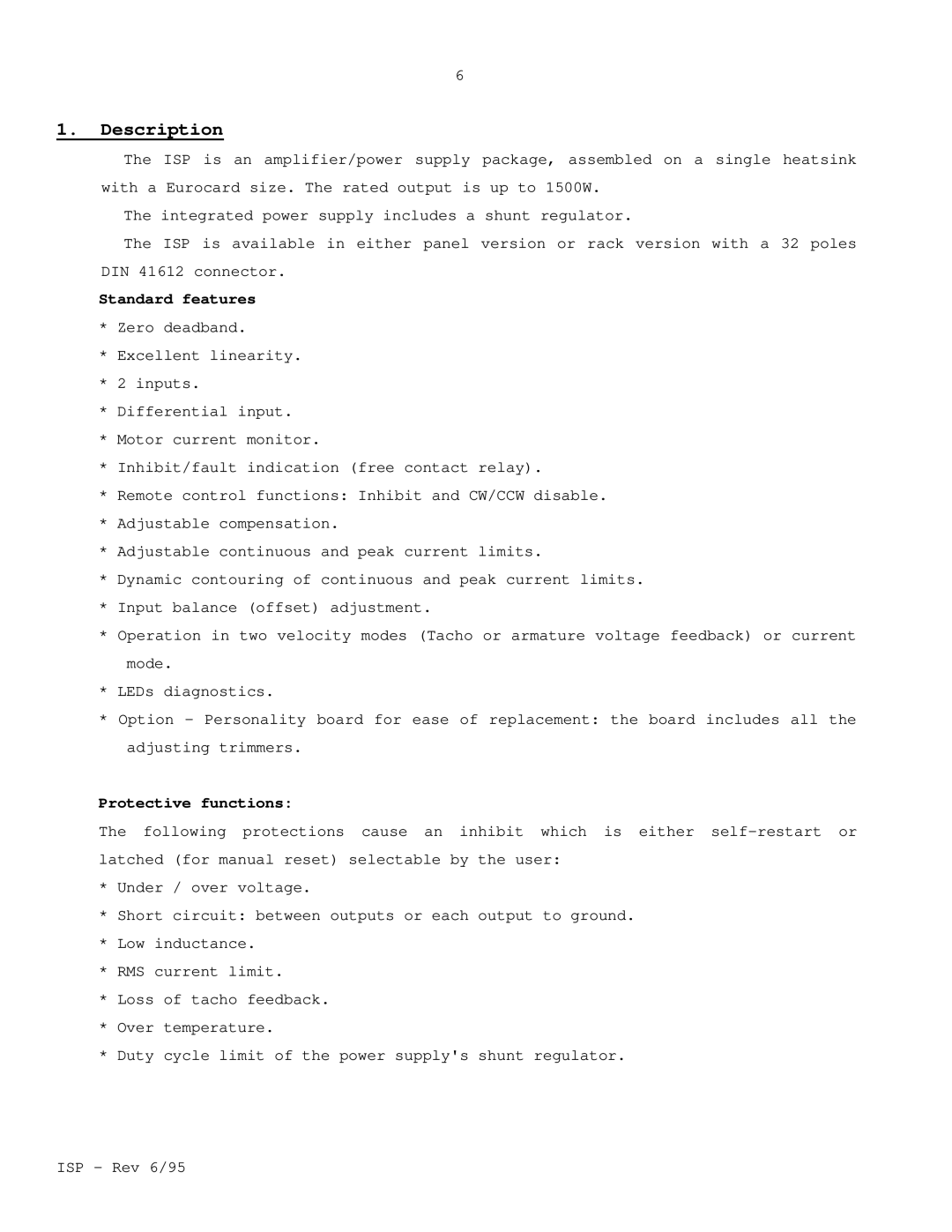 Elmo ISP manual Description, Standard features, Protective functions 