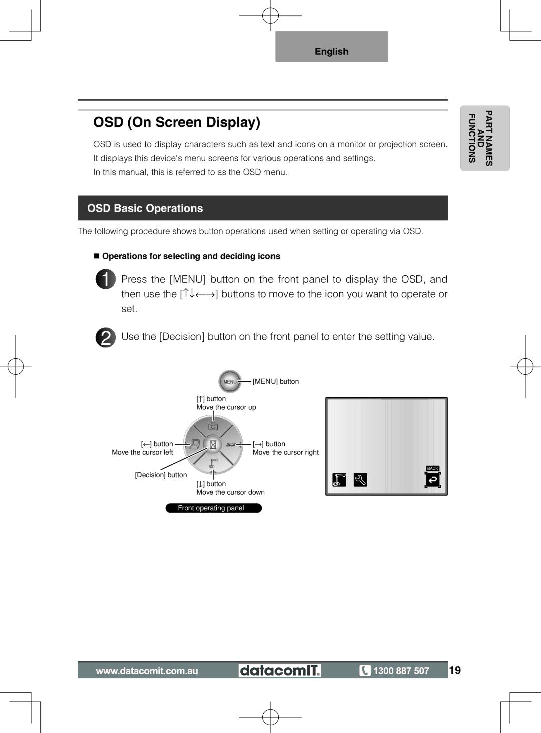 Elmo L-1EX instruction manual OSD On Screen Display, Operations for selecting and deciding icons 