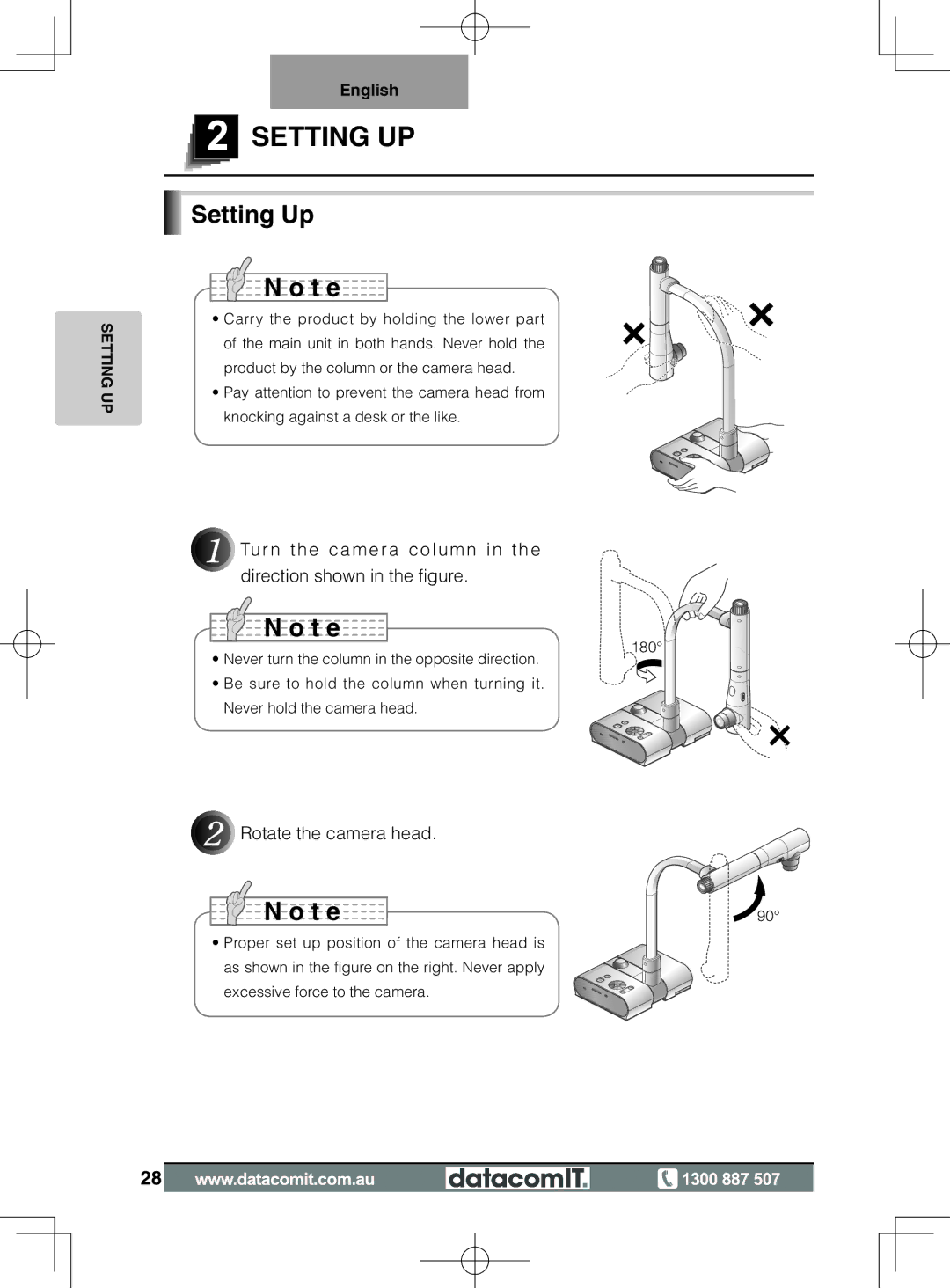 Elmo L-1EX Setting UP, Setting Up, Turn the camera column in the direction shown in the figure, Rotate the camera head 