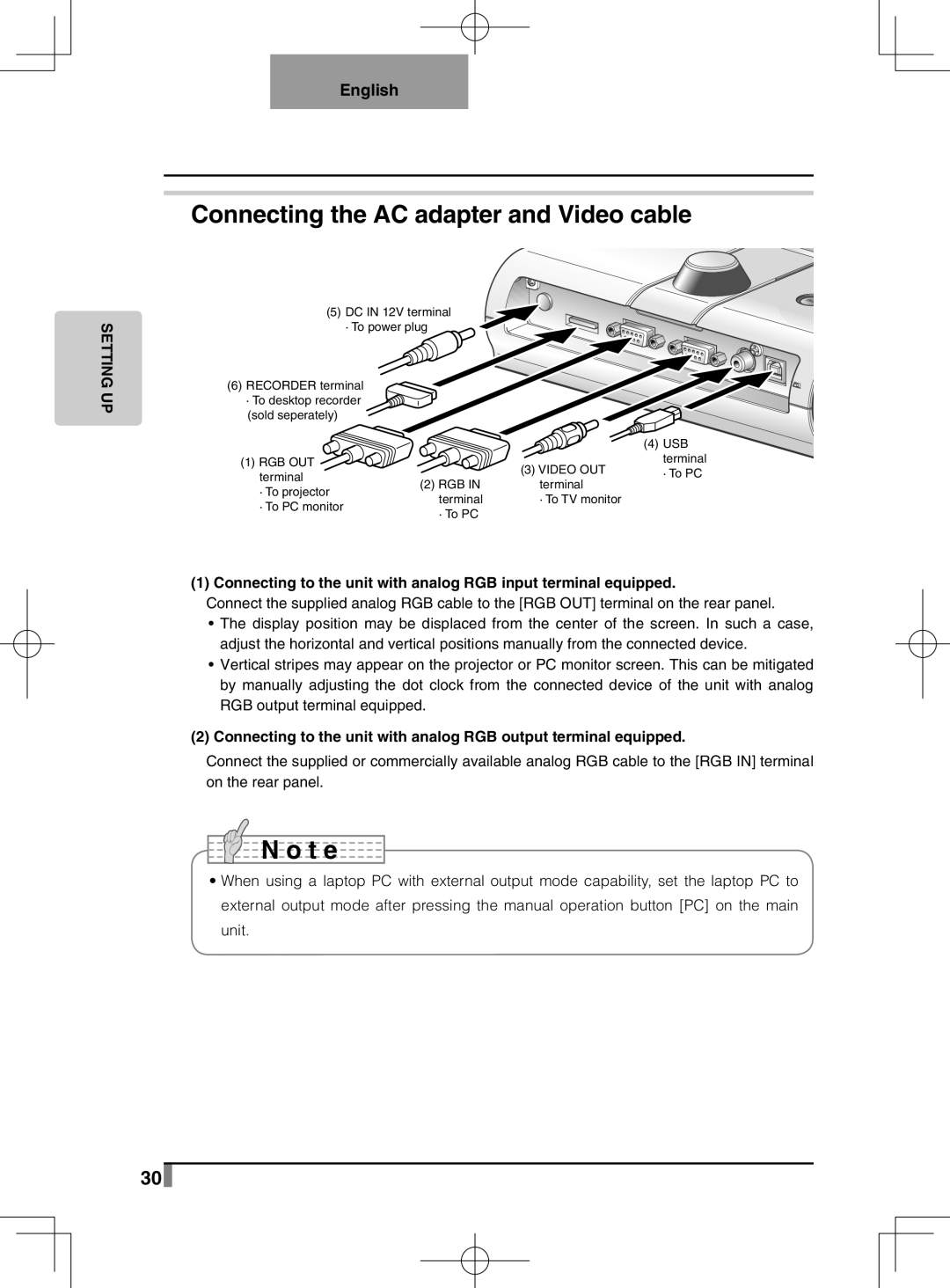 Elmo L-1EX instruction manual Connecting the AC adapter and Video cable 