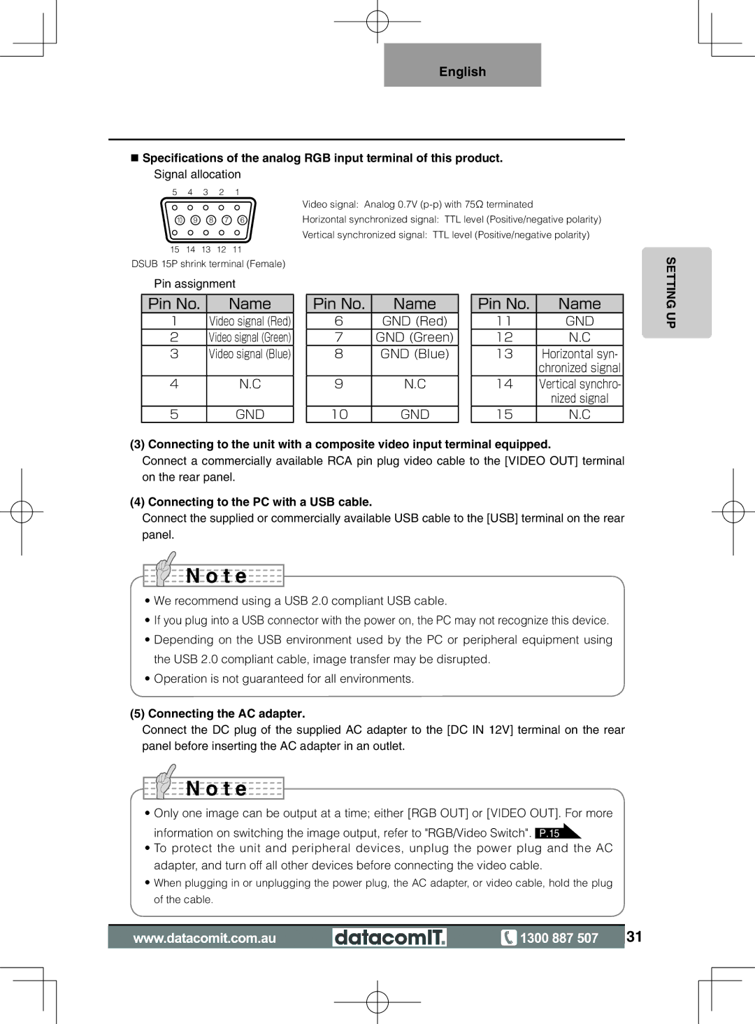 Elmo L-1EX instruction manual Connecting to the PC with a USB cable, Connecting the AC adapter 