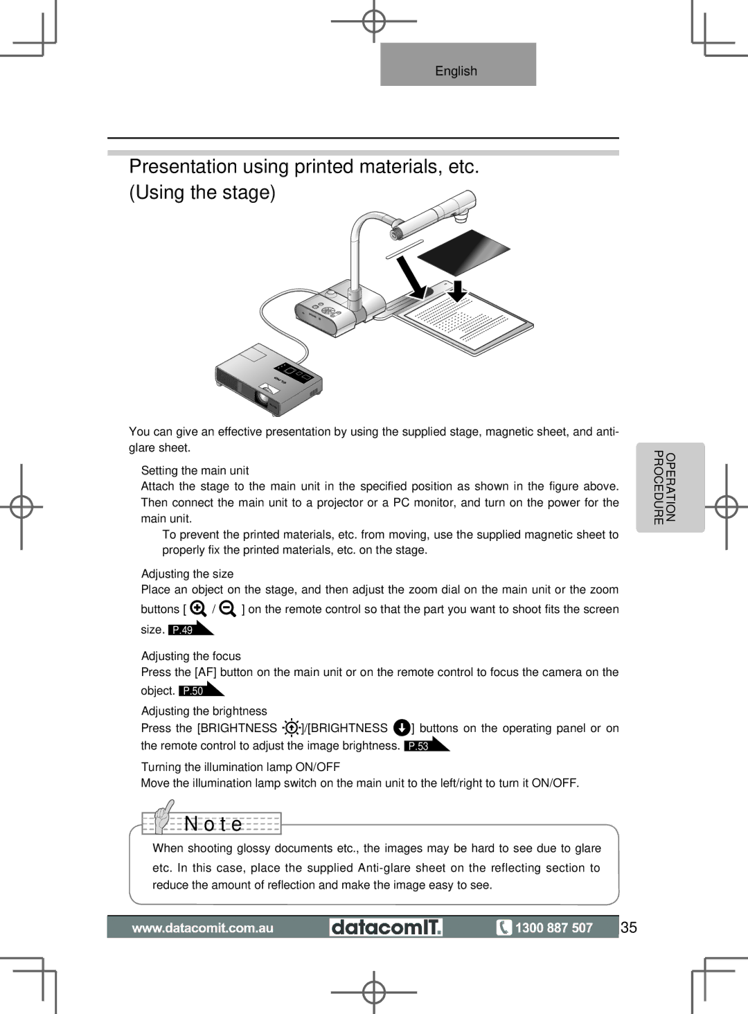 Elmo L-1EX instruction manual Presentation using printed materials, etc. Using the stage 