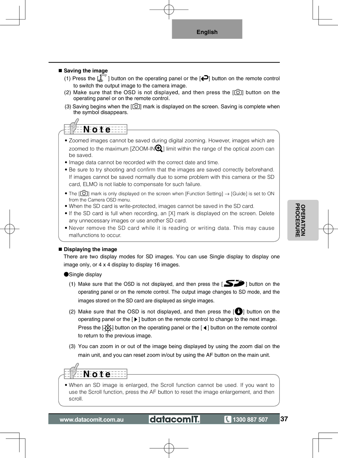 Elmo L-1EX instruction manual Saving the image, Displaying the image 