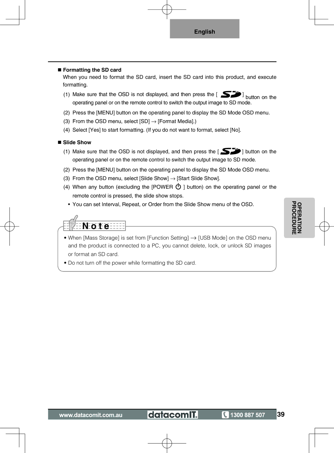 Elmo L-1EX instruction manual Formatting the SD card, Slide Show 