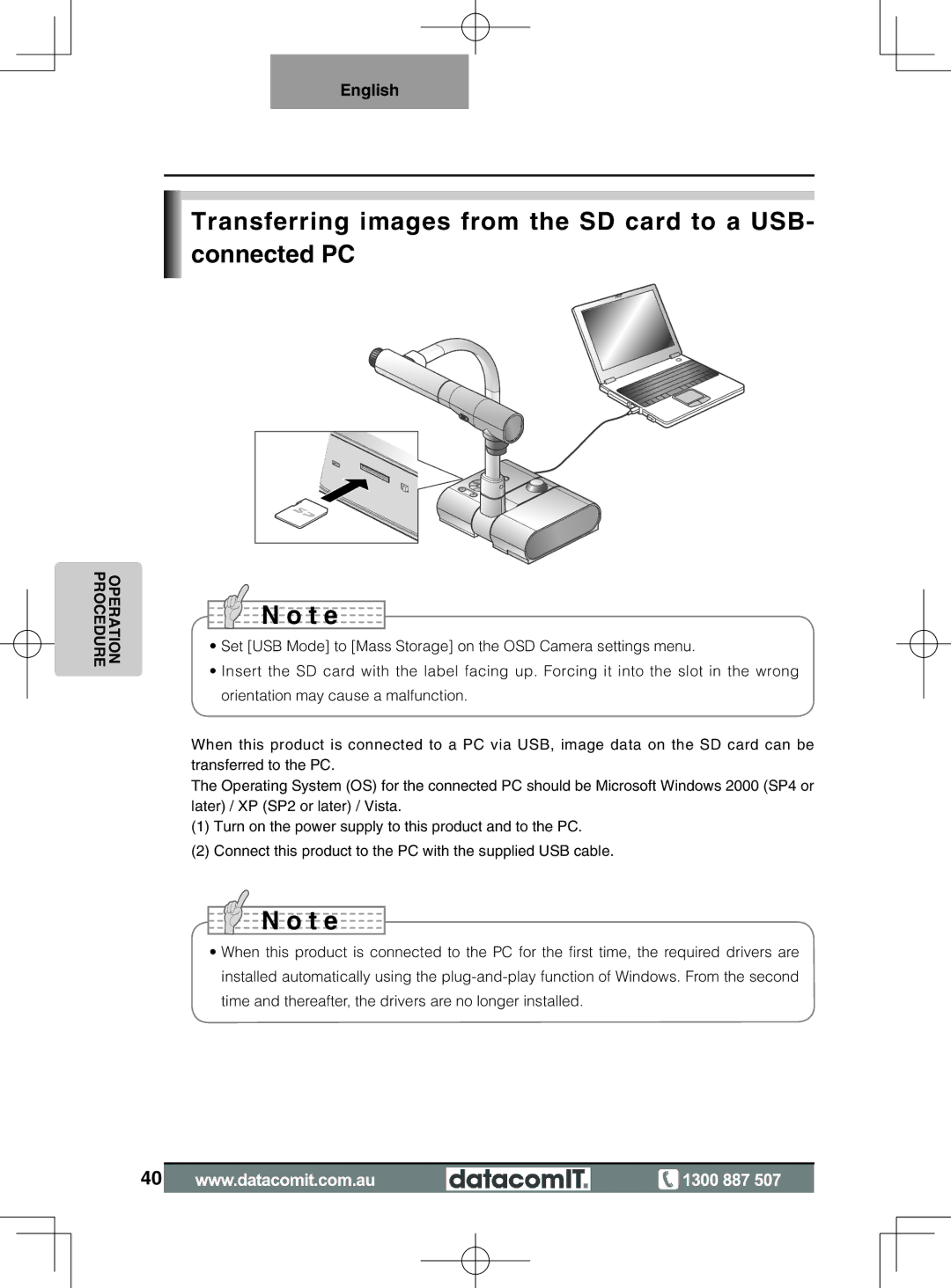 Elmo L-1EX instruction manual Transferring images from the SD card to a USB- connected PC 