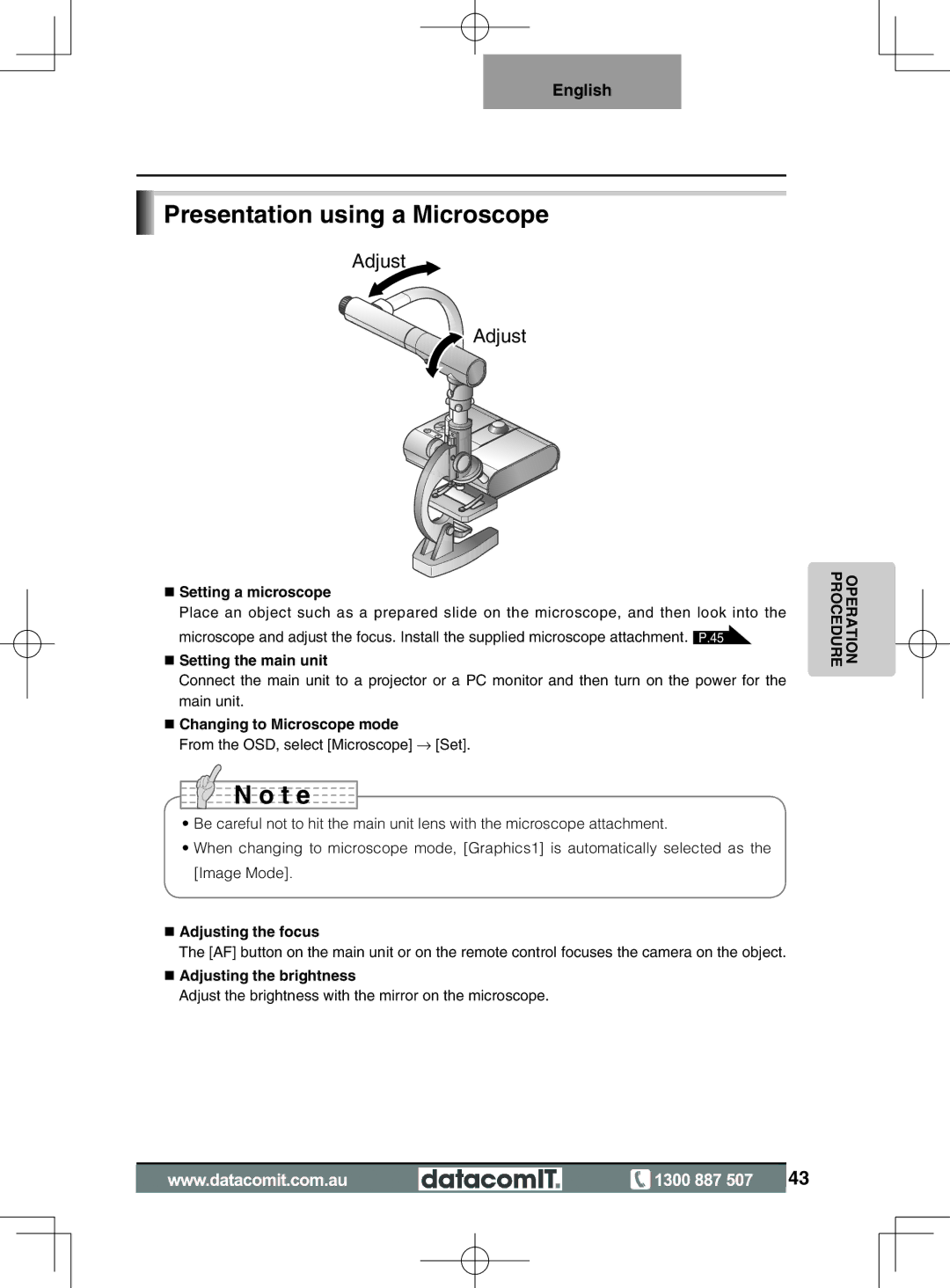 Elmo L-1EX instruction manual Presentation using a Microscope, Setting a microscope, Changing to Microscope mode 