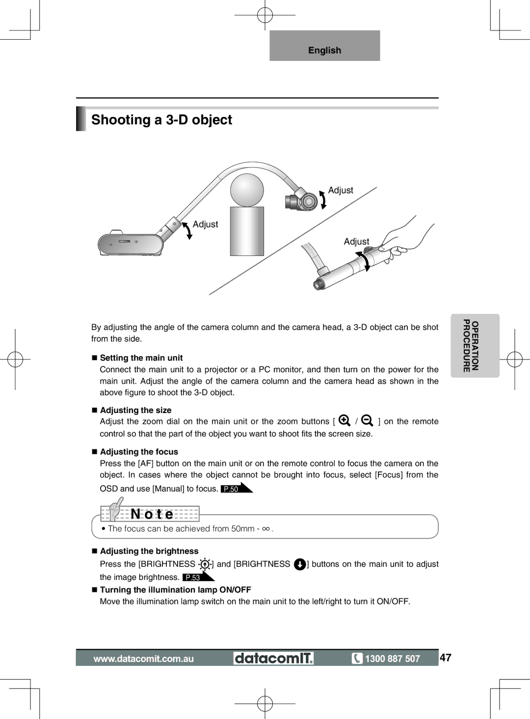 Elmo L-1EX instruction manual Shooting a 3-D object, Adjust 