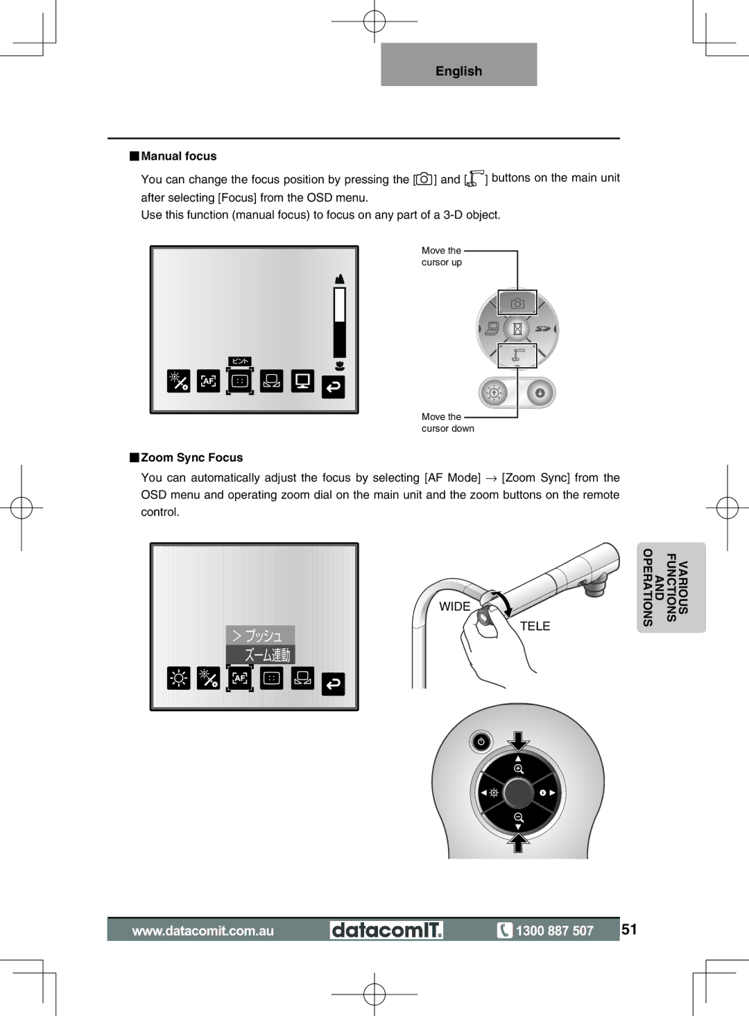 Elmo L-1EX instruction manual Manual focus, Zoom Sync Focus 