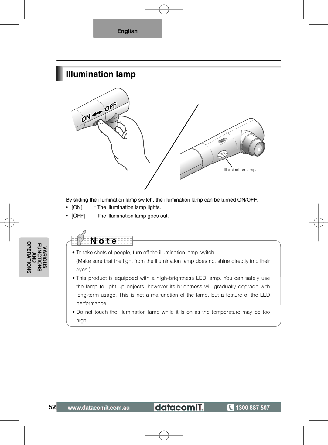 Elmo L-1EX instruction manual Illumination lamp, Off 