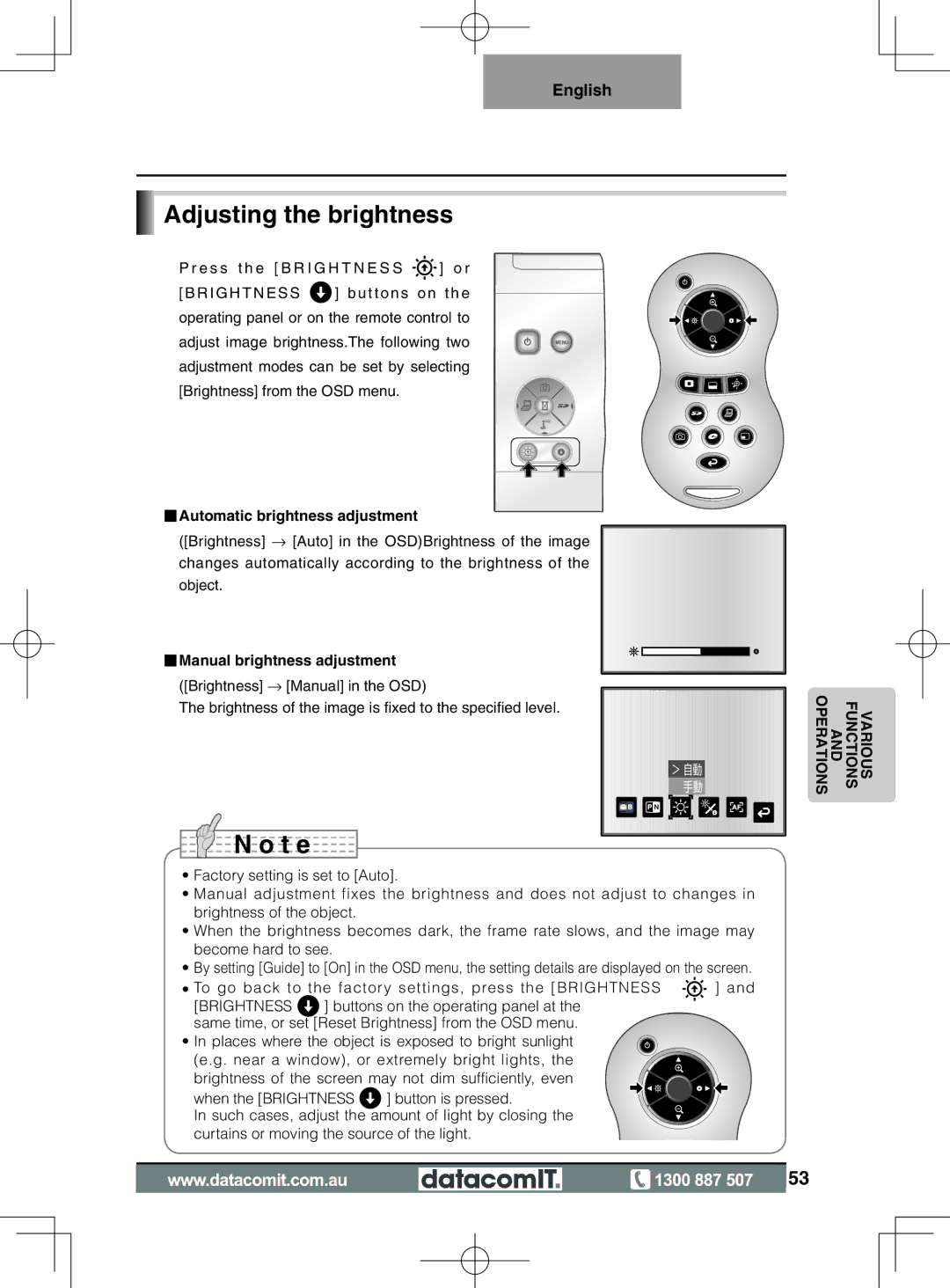 Elmo L-1EX instruction manual Adjusting the brightness, Automatic brightness adjustment, Manual brightness adjustment 