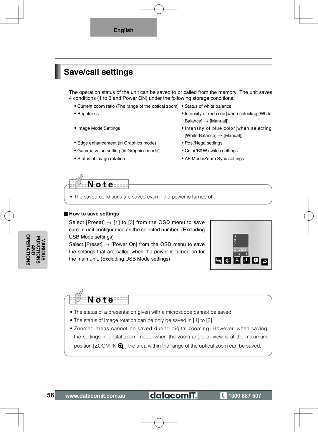 Elmo L-1EX instruction manual Save/call settings, How to save settings 