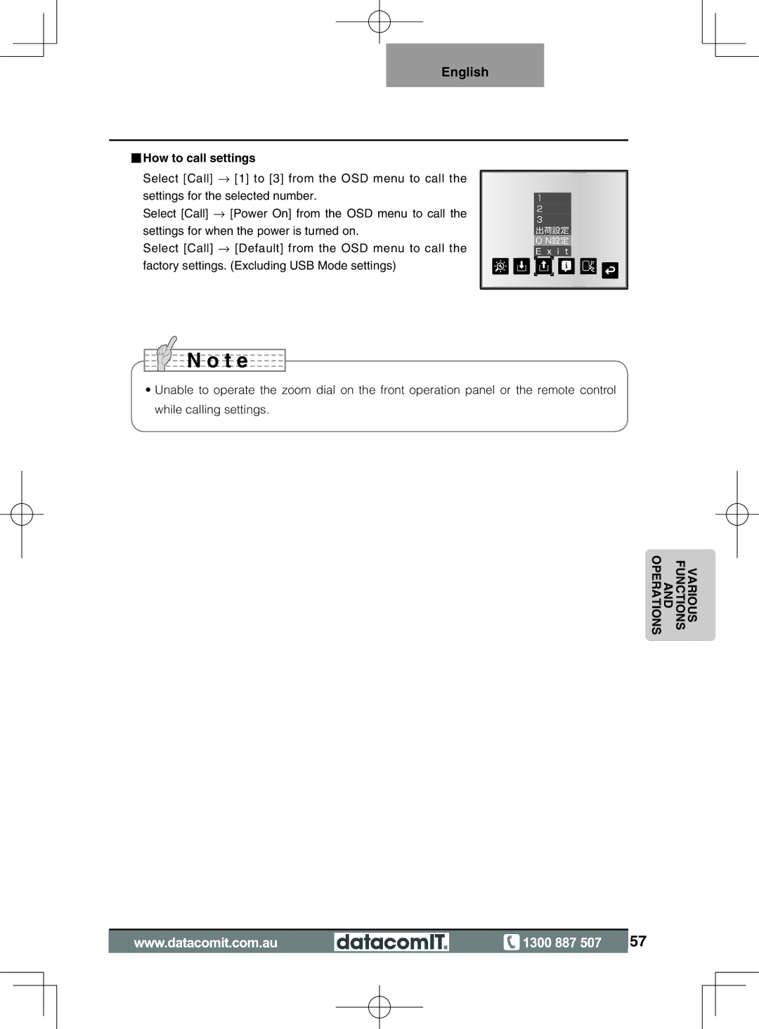 Elmo L-1EX instruction manual How to call settings 