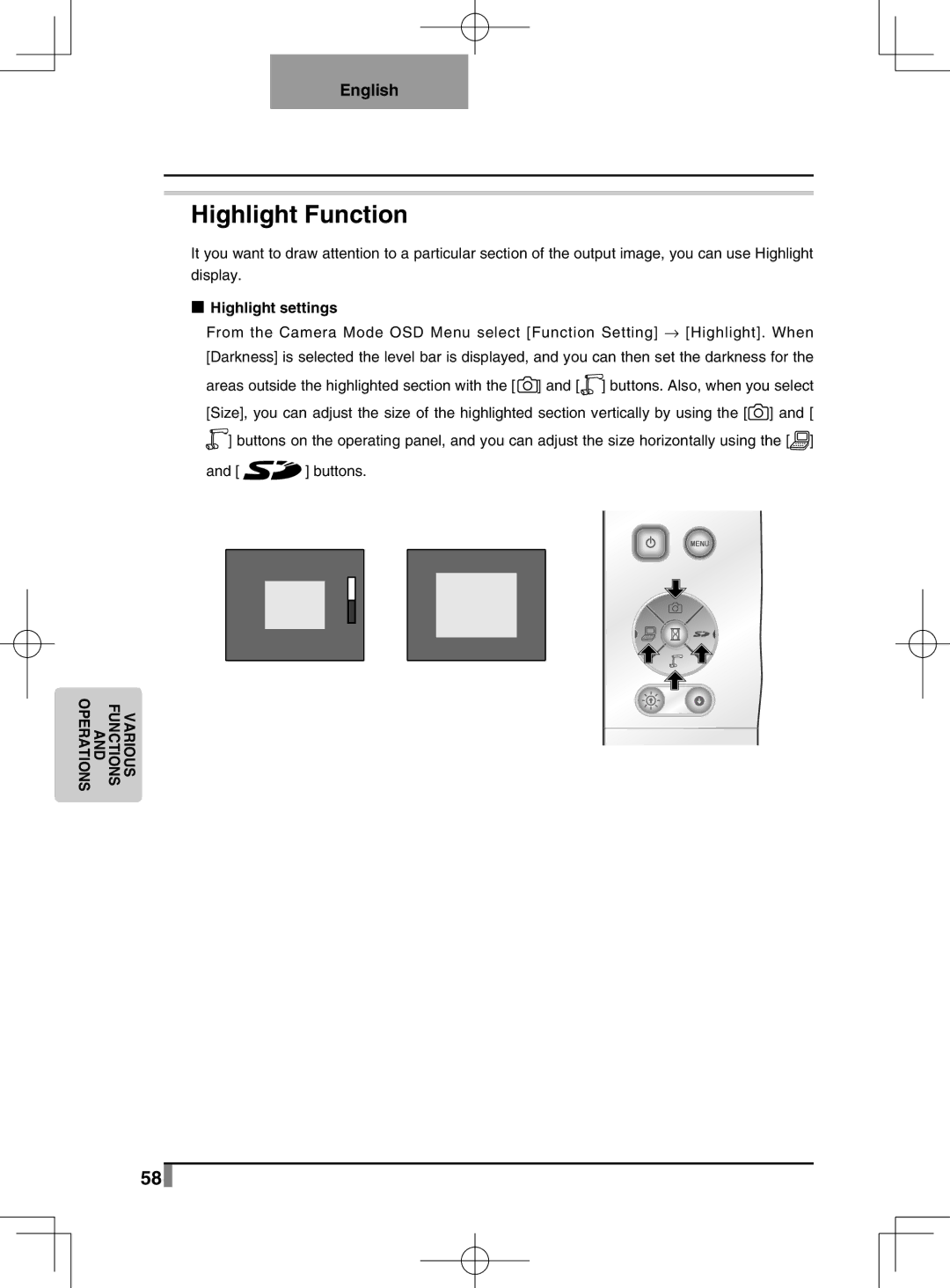 Elmo L-1EX instruction manual Highlight Function, Highlight settings 