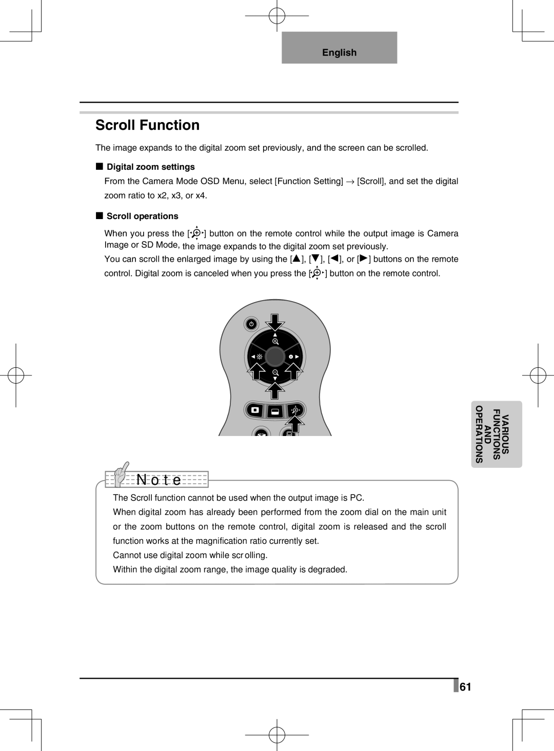 Elmo L-1EX instruction manual Scroll Function, Digital zoom settings, Scroll operations 