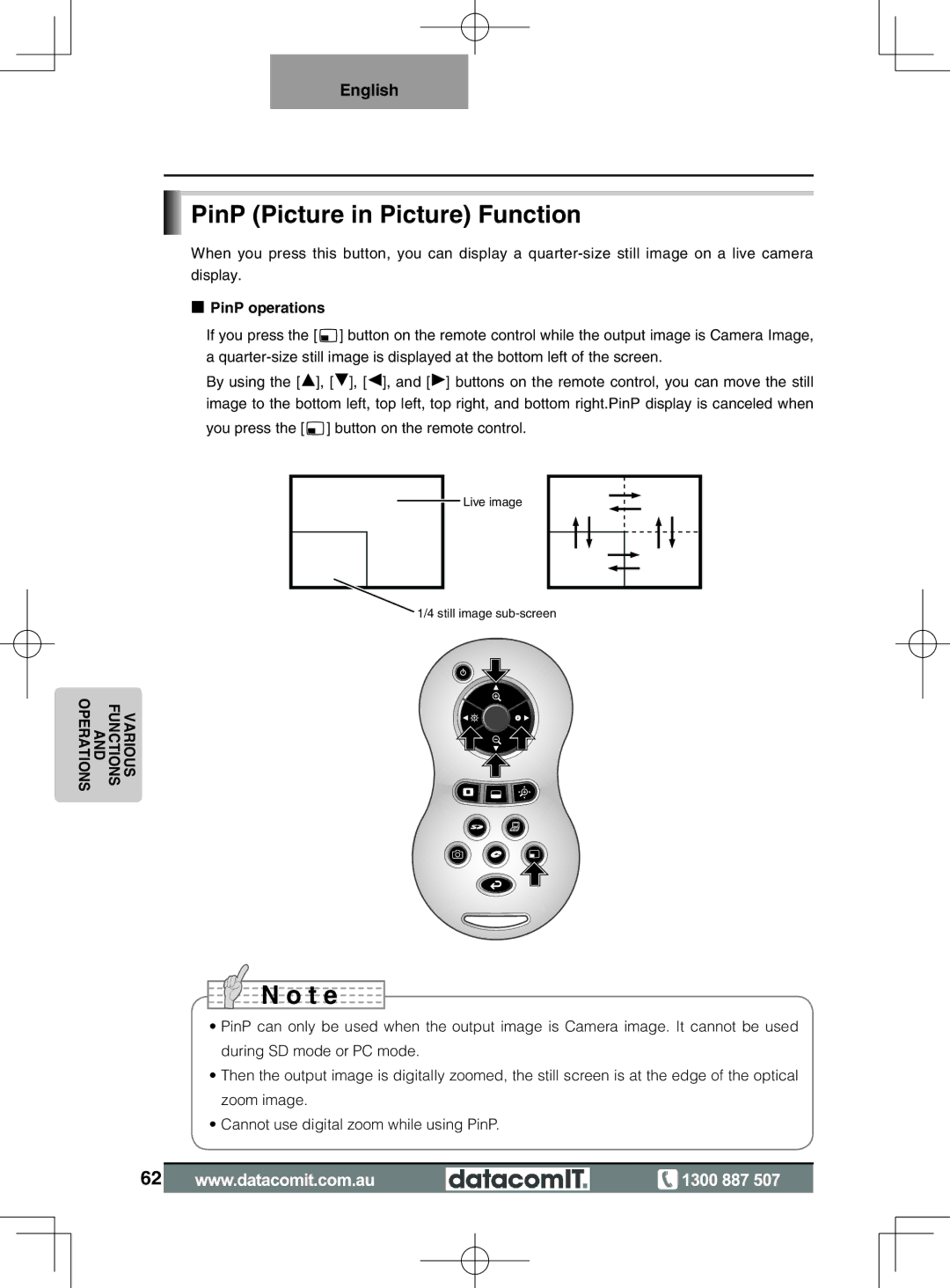 Elmo L-1EX instruction manual PinP Picture in Picture Function, PinP operations 