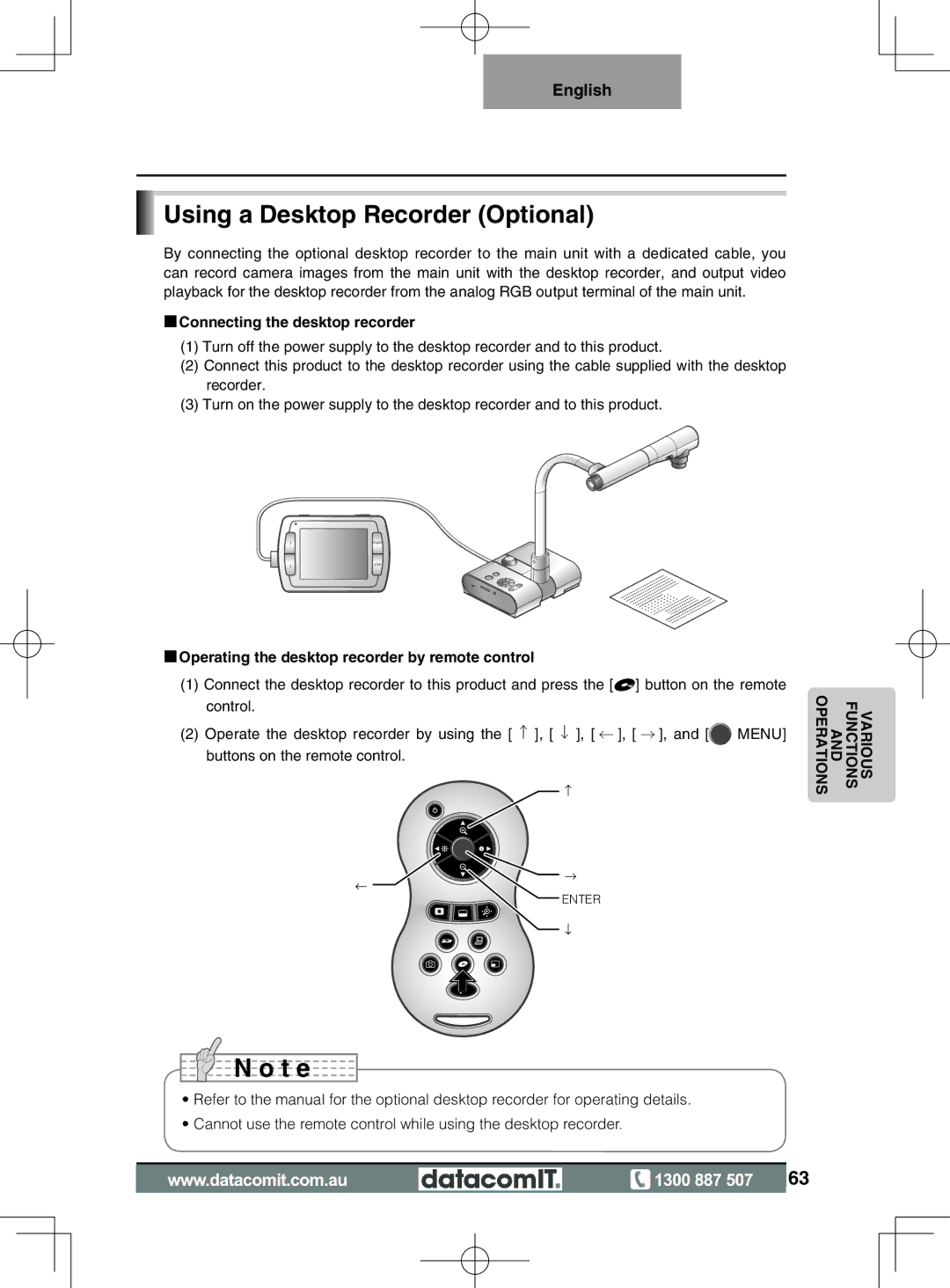 Elmo L-1EX instruction manual Using a Desktop Recorder Optional, Connecting the desktop recorder 