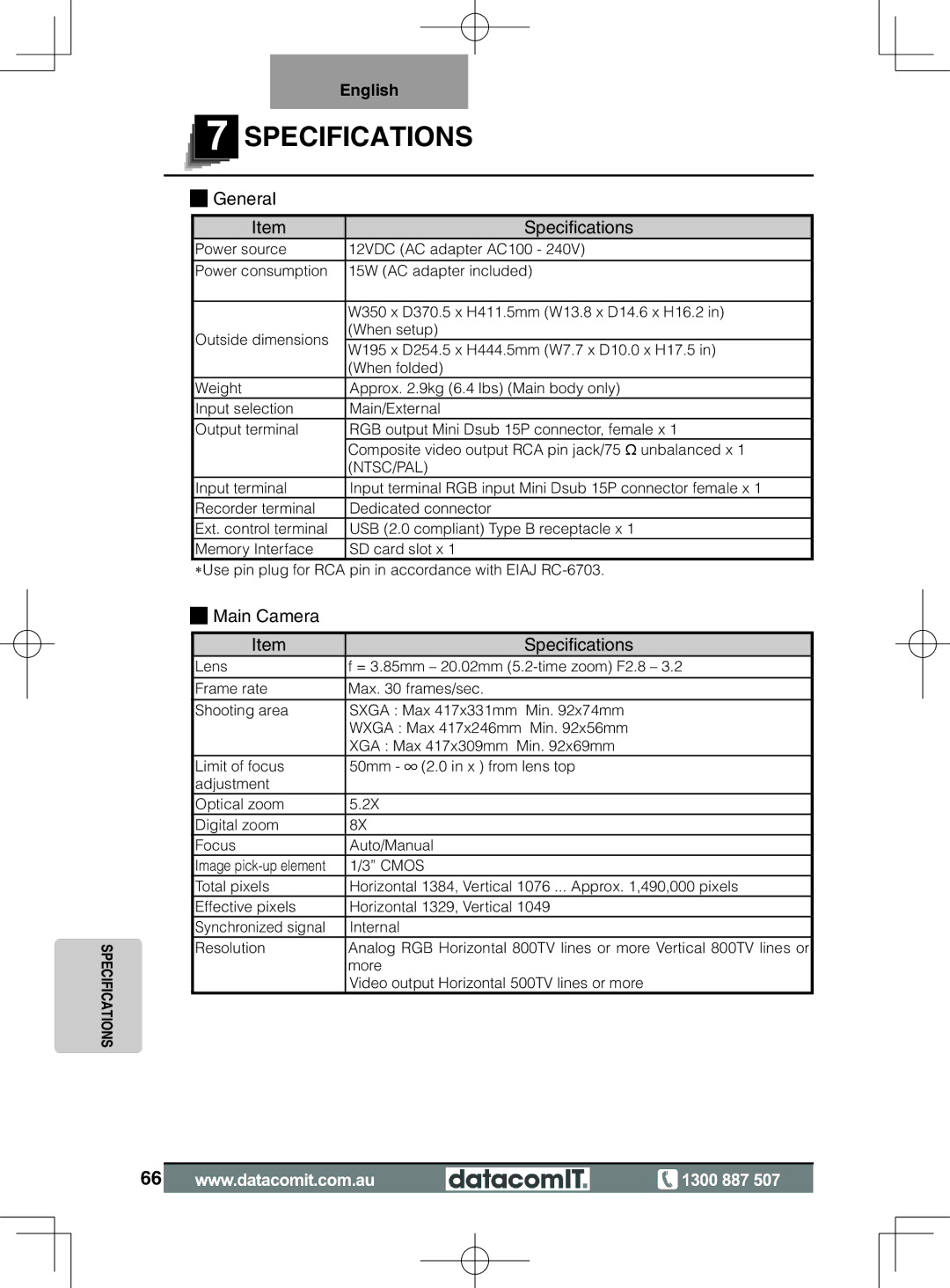 Elmo L-1EX instruction manual General Specifications, Main Camera Specifications 