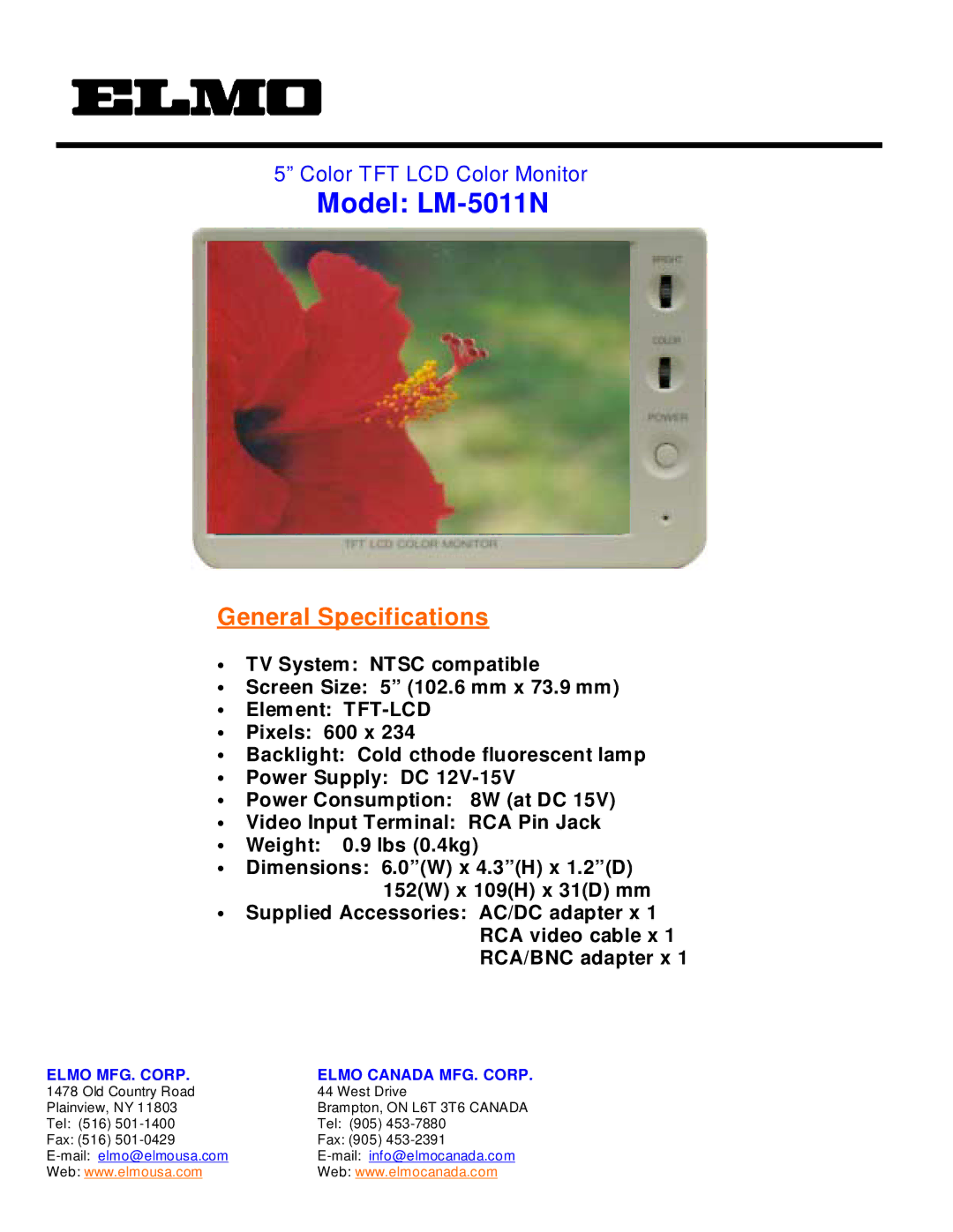 Elmo specifications Model LM-5011N, General Specifications, Elmo MFG. Corp Elmo Canada MFG. Corp 