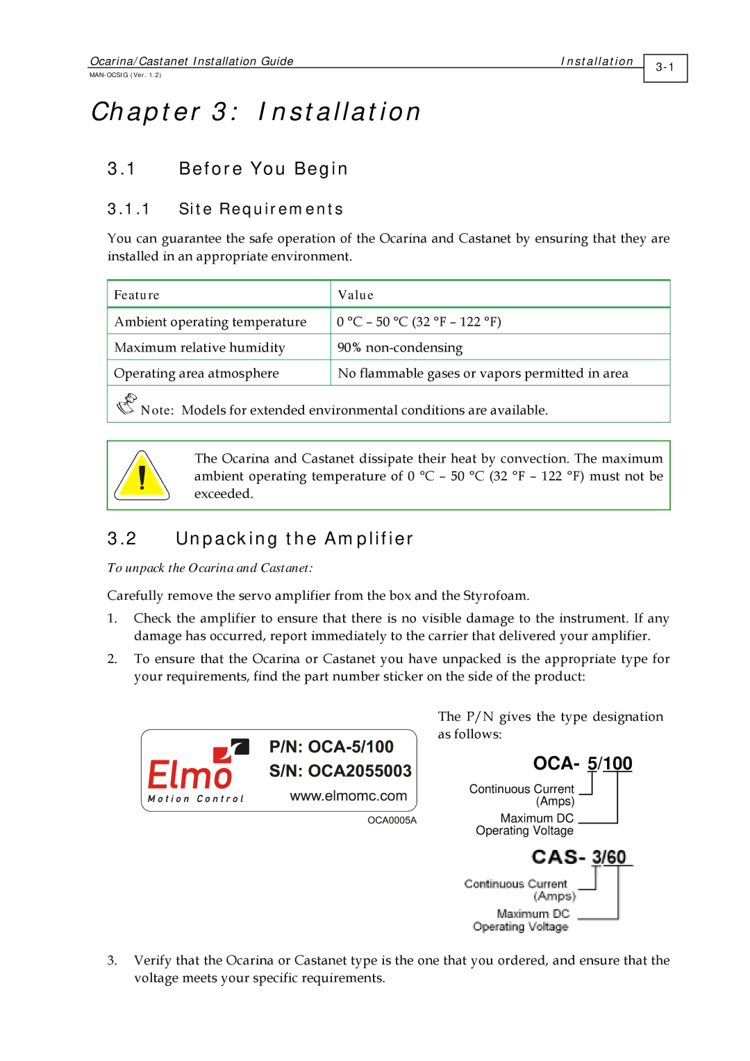 Elmo MAN-OCSIG (Ver. 1.2) manual Installation, Before You Begin, Unpacking the Amplifier, Site Requirements, Feature Value 