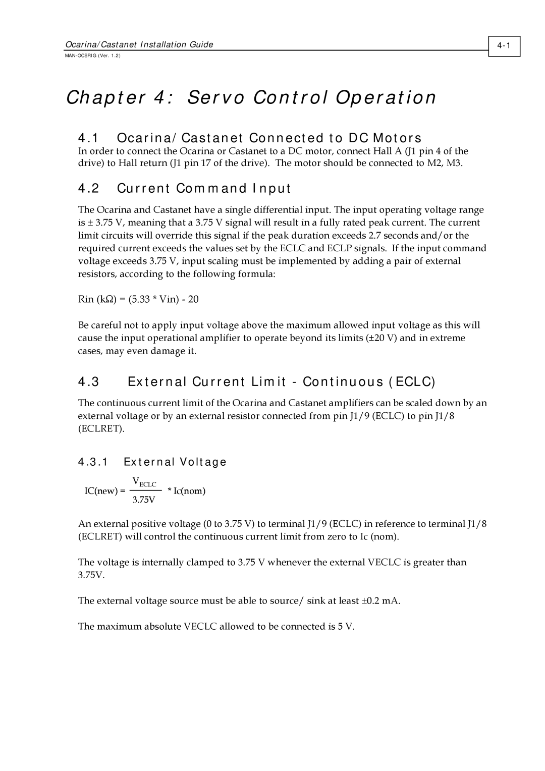 Elmo MAN-OCSIG (Ver. 1.2) manual Servo Control Operation, Ocarina/Castanet Connected to DC Motors, Current Command Input 