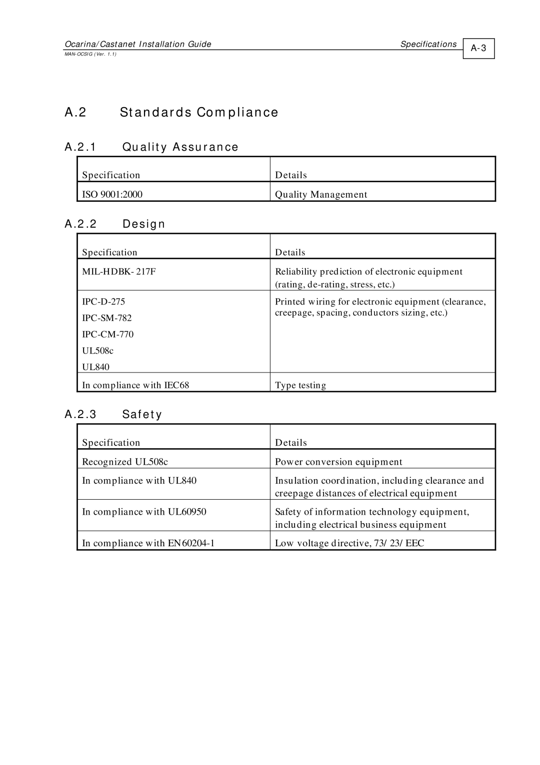 Elmo MAN-OCSIG (Ver. 1.2) manual Standards Compliance, Quality Assurance, Design, Safety, Specification Details 