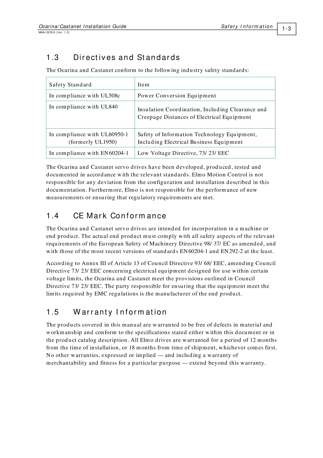 Elmo MAN-OCSIG (Ver. 1.2) manual Directives and Standards, CE Mark Conformance, Warranty Information, Safety Standard 