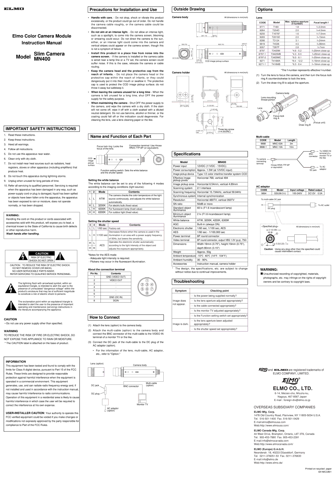 Elmo MN400 specifications Precautions for Installation and Use, Outside Drawing, Options, Name and Function of Each Part 