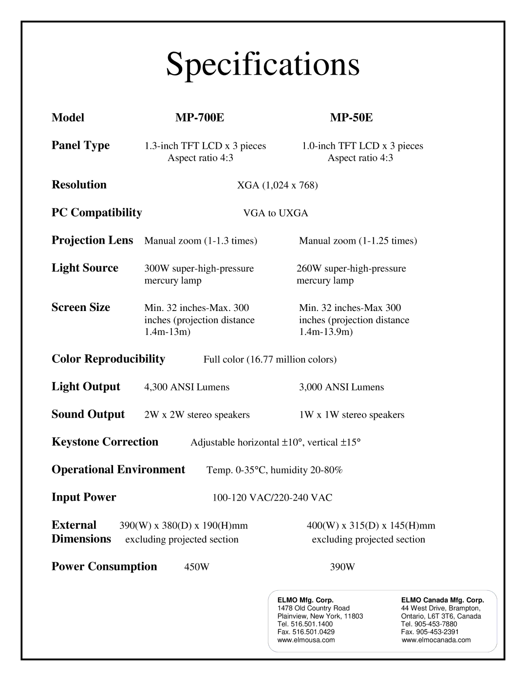 Elmo MP-50E, MP-700E manual Specifications 