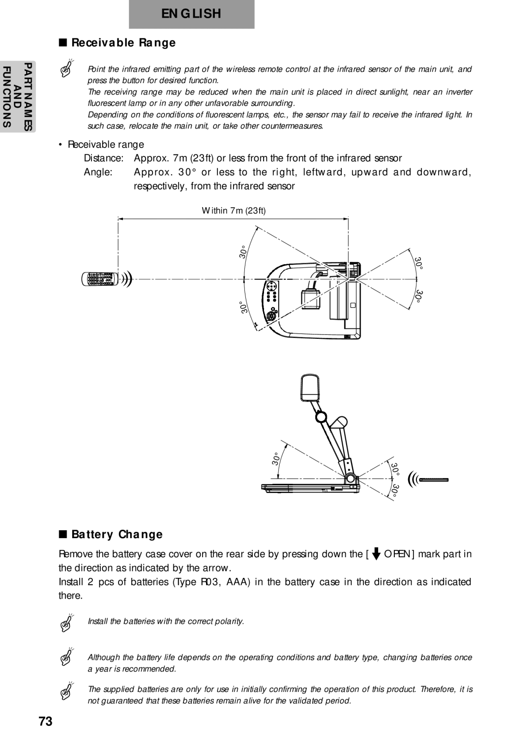 Elmo p10 instruction manual Receivable Range, Battery Change, Receivable range Distance 