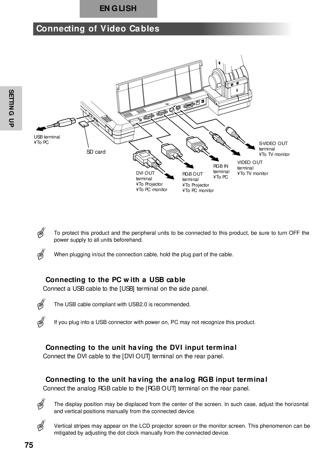 Elmo p10 instruction manual Connecting of Video Cables, Connecting to the PC with a USB cable 