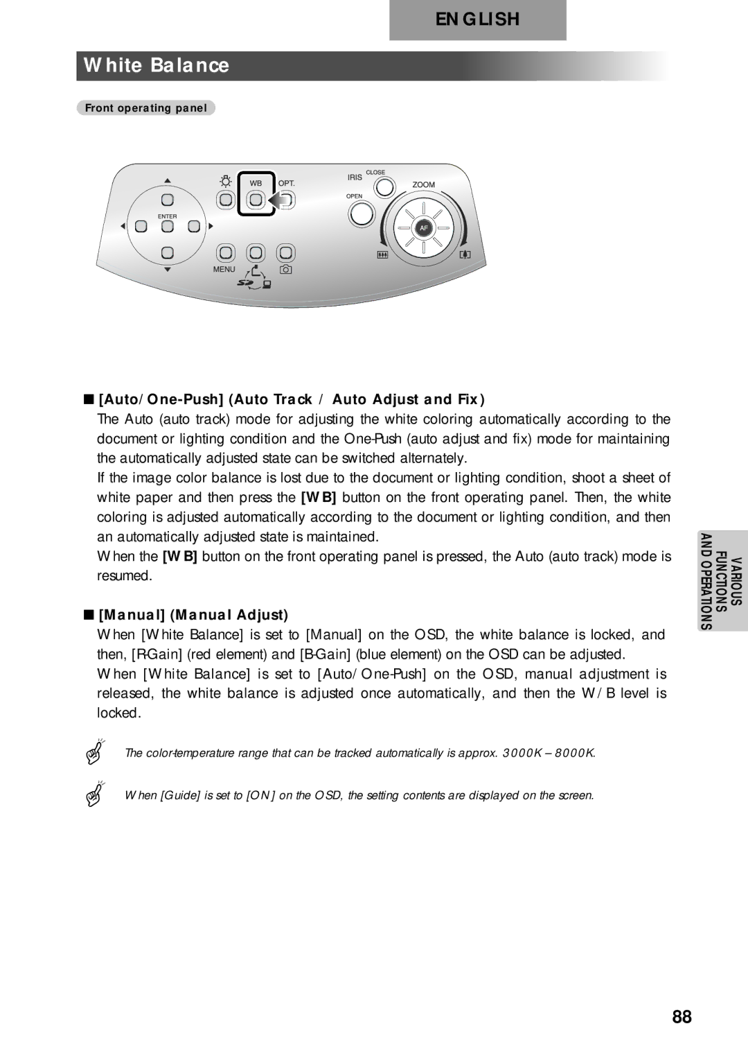 Elmo p10 instruction manual White Balance, Auto/One-Push Auto Track / Auto Adjust and Fix, Manual Manual Adjust 