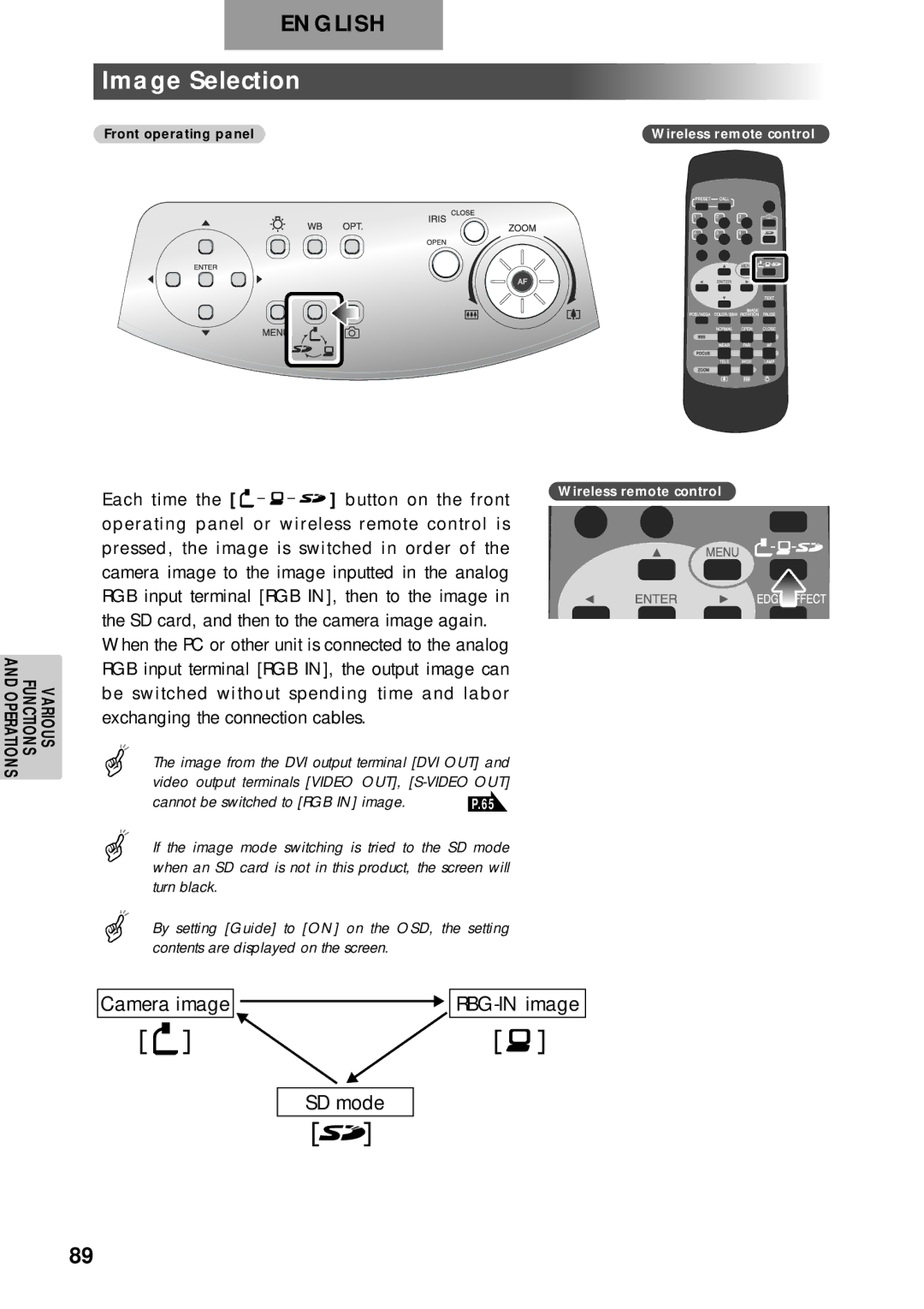 Elmo p10 instruction manual Image Selection, Cannot be switched to RGB in image 