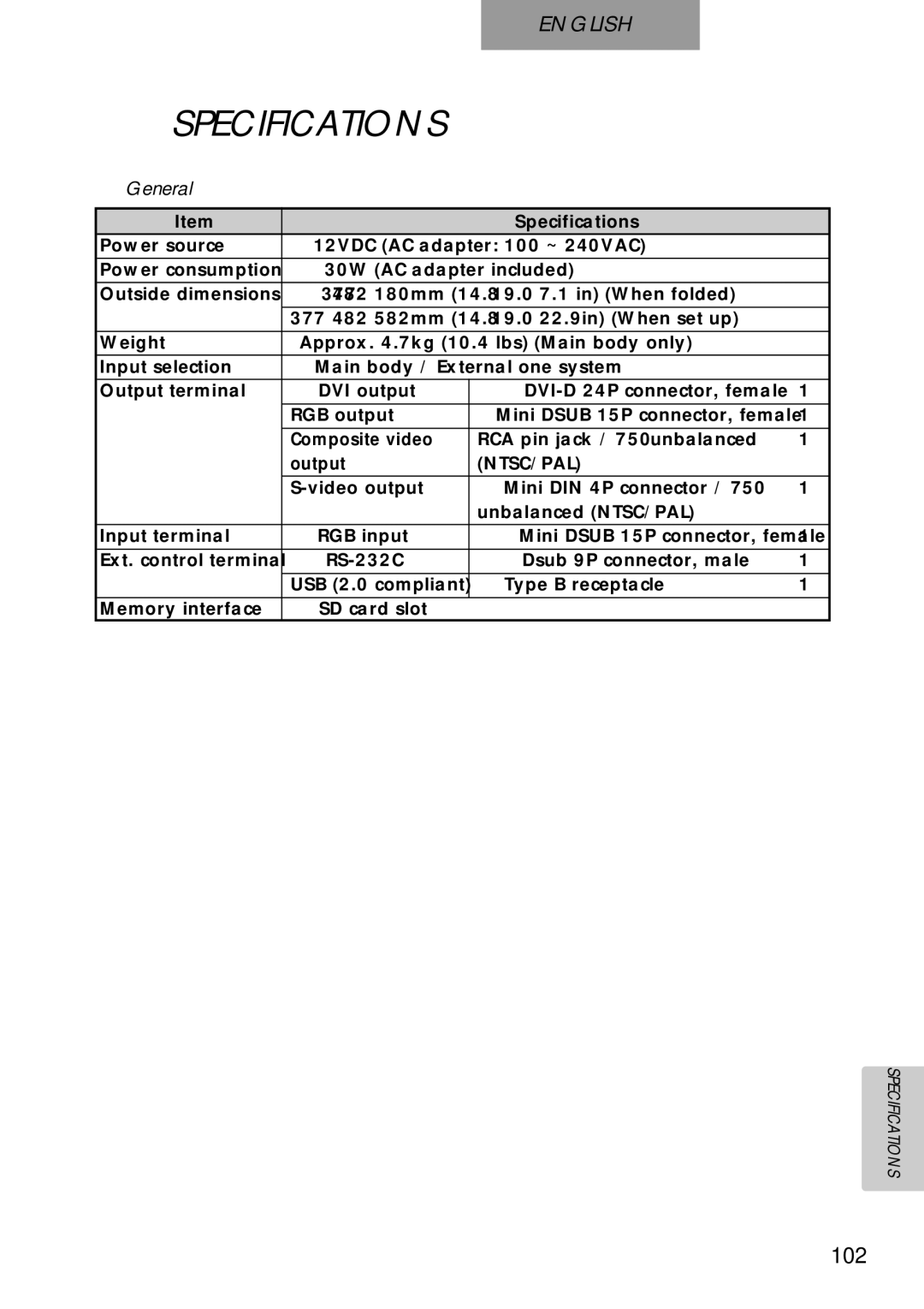 Elmo p10 instruction manual Specifications, General 