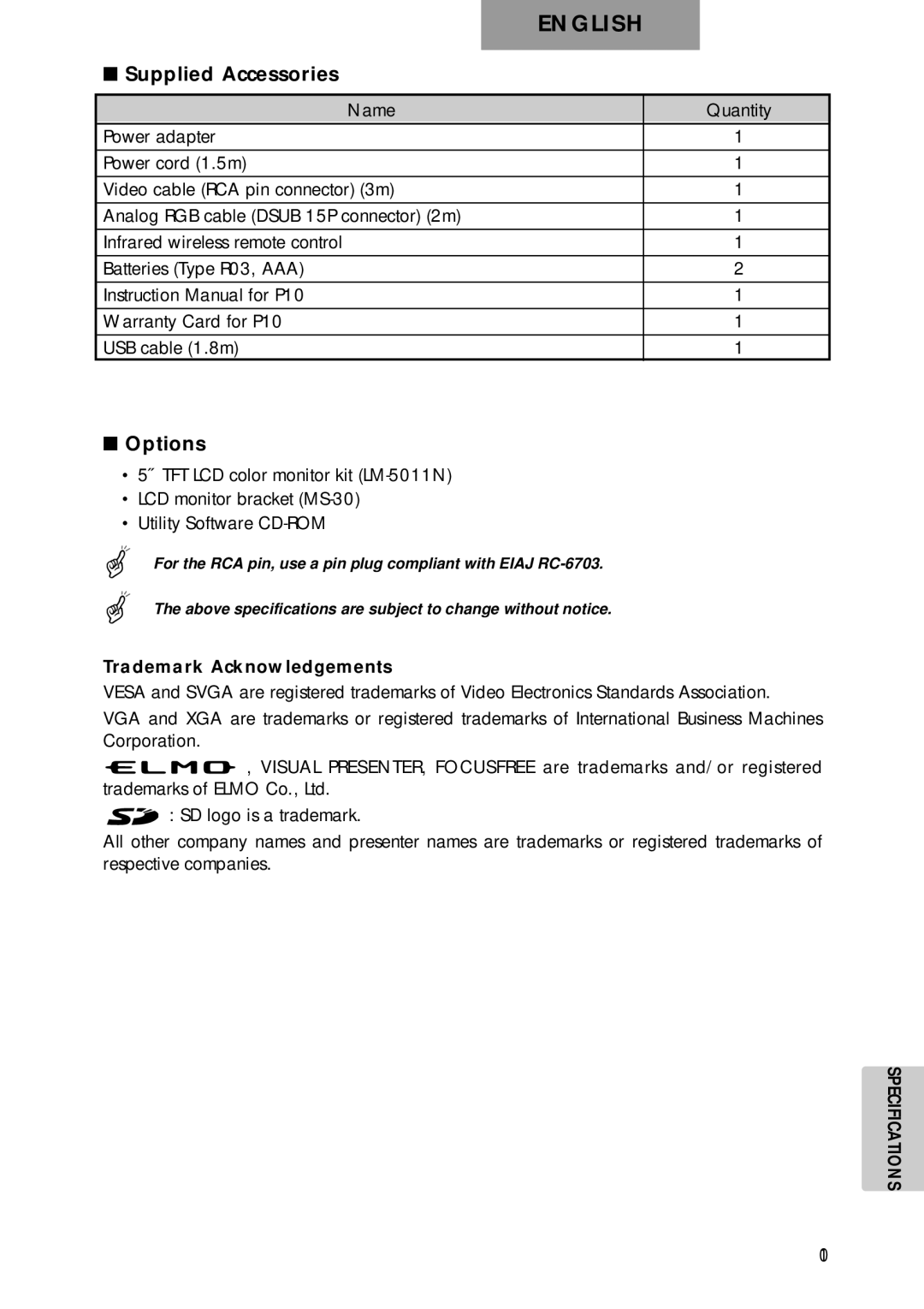 Elmo p10 instruction manual Supplied Accessories, Options, Trademark Acknowledgements 