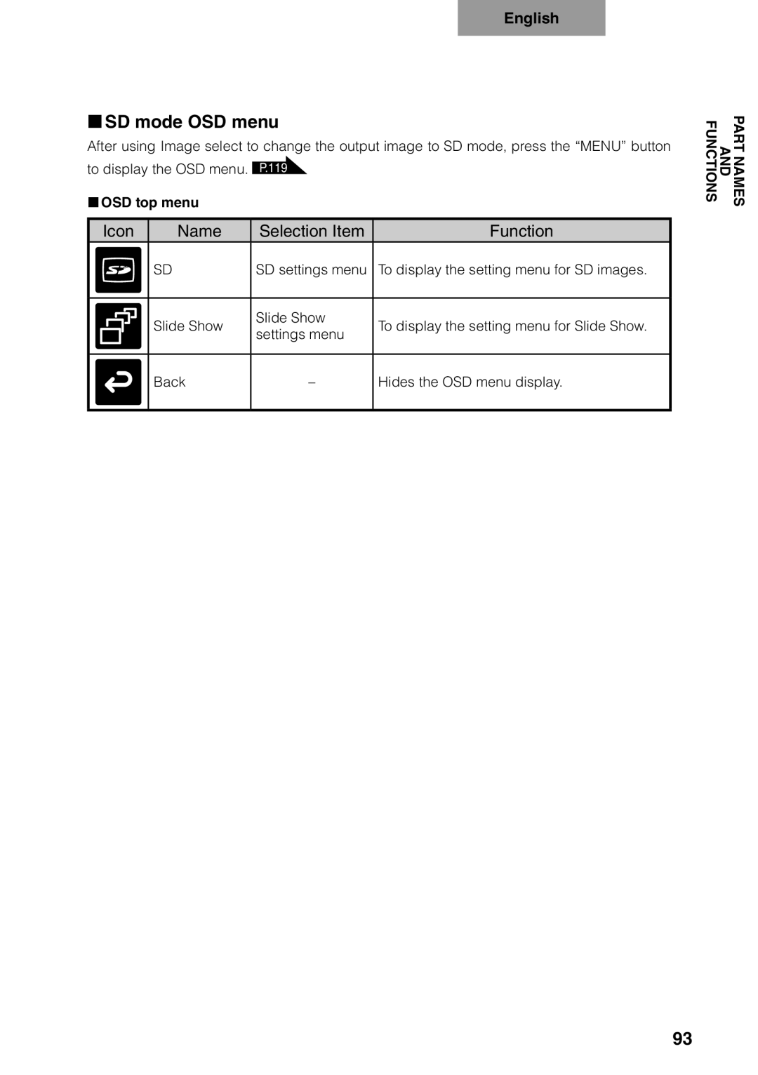 Elmo p10 instruction manual „„SD mode OSD menu, „„OSD top menu 