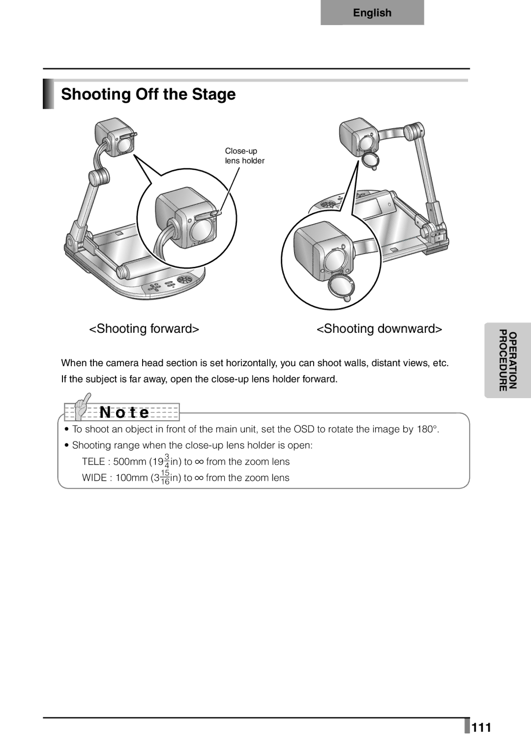 Elmo p10 instruction manual Shooting Off the Stage, 111 