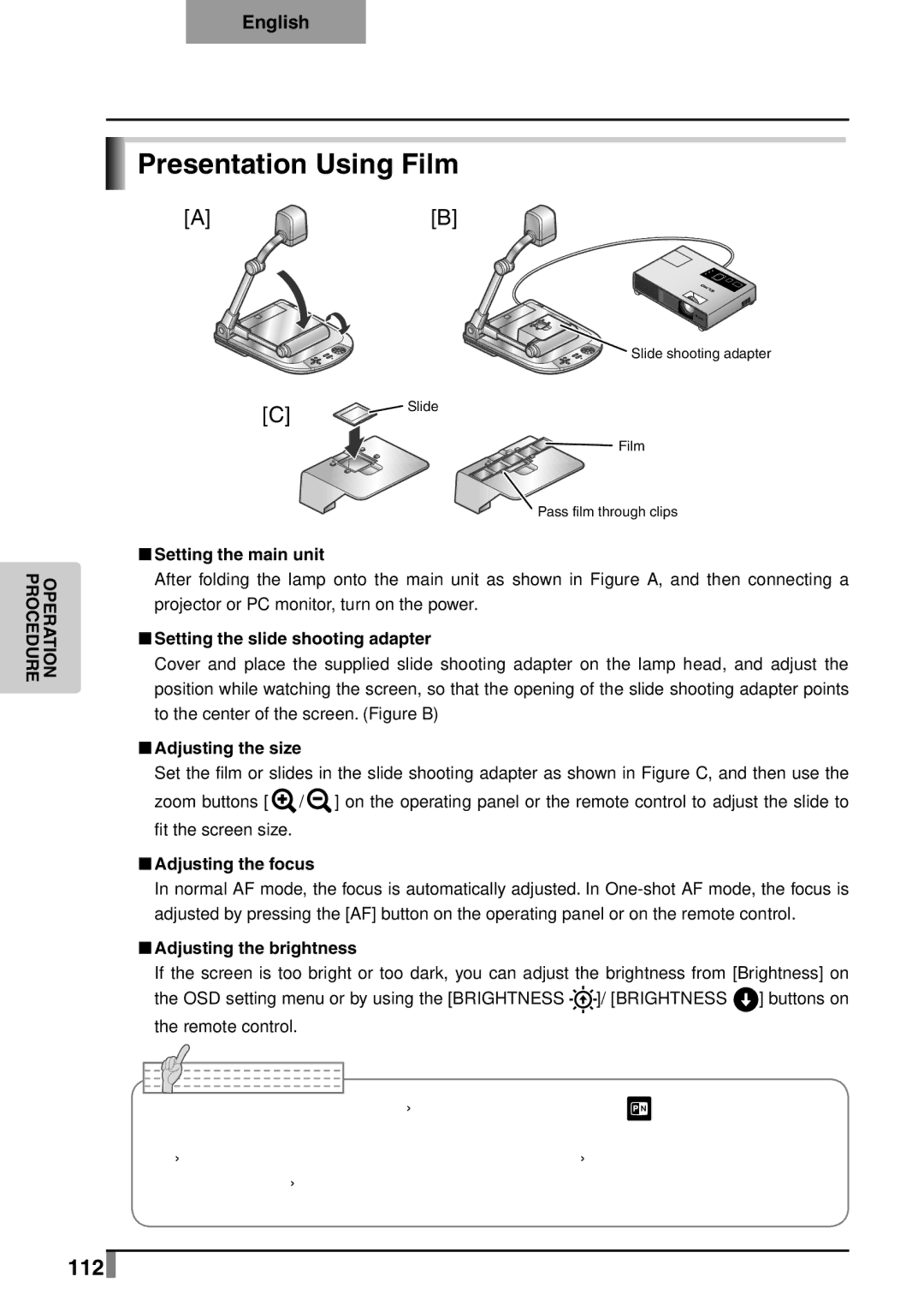 Elmo p10 instruction manual Presentation Using Film, 112, „„Setting the slide shooting adapter 