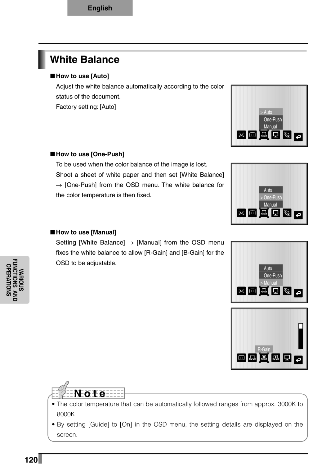 Elmo p10 instruction manual White Balance, 120, „„How to use Auto, „„How to use One-Push, „„How to use Manual 