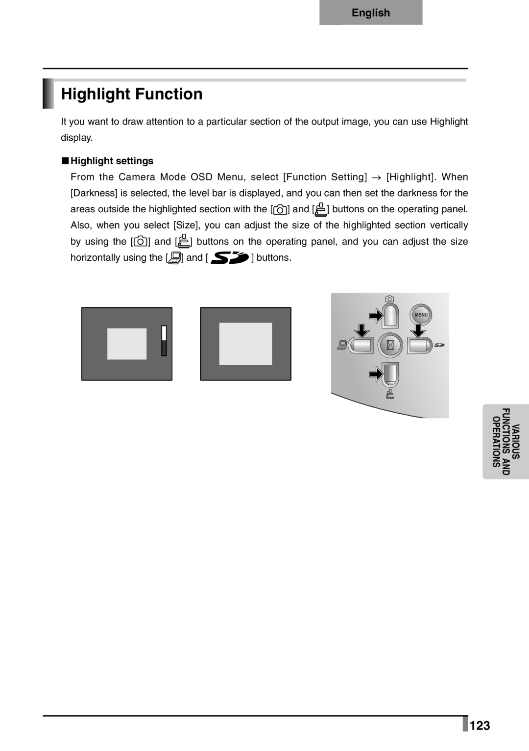 Elmo p10 instruction manual Highlight Function, 123, „„Highlight settings 