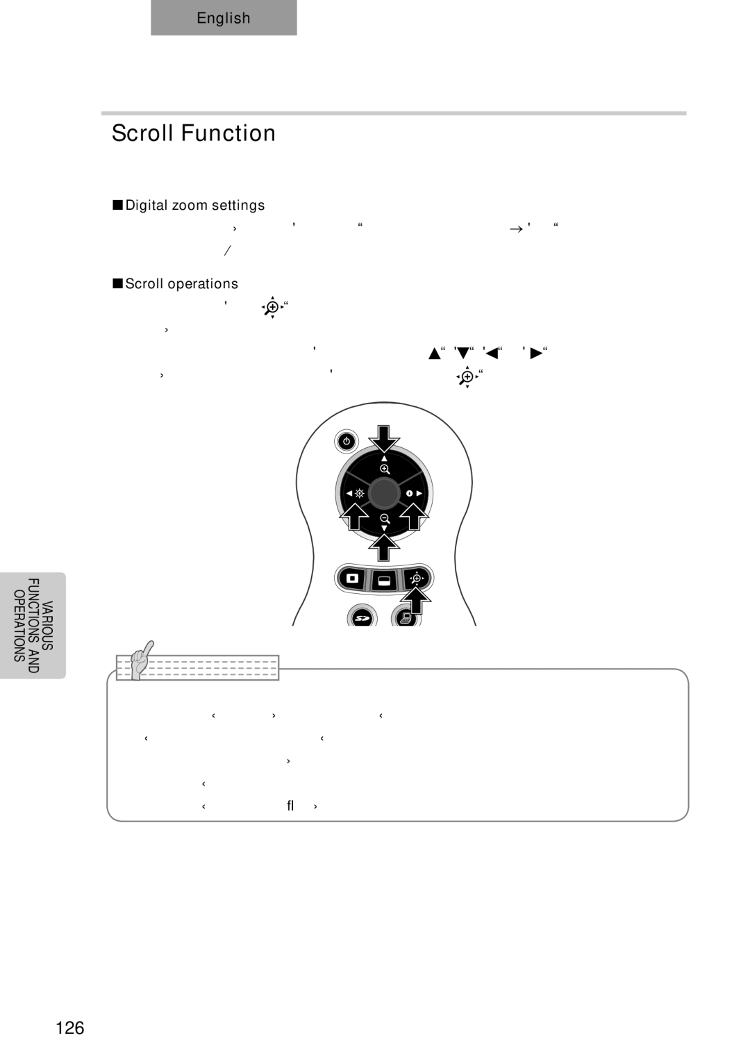 Elmo p10 instruction manual Scroll Function, 126, „„Digital zoom settings, „„Scroll operations 