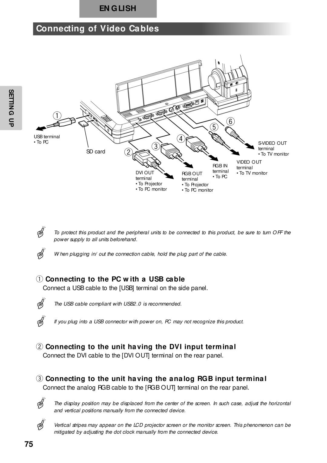 Elmo p10 instruction manual Connecting of Video Cables, English 